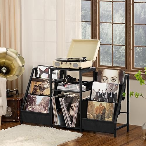 Miniatura 2 de LELELINKY Mesa auxiliar negra, soporte para tocadiscos con almacenamiento de vinilo, mesa auxiliar de 3 niveles con estante de exhibición de