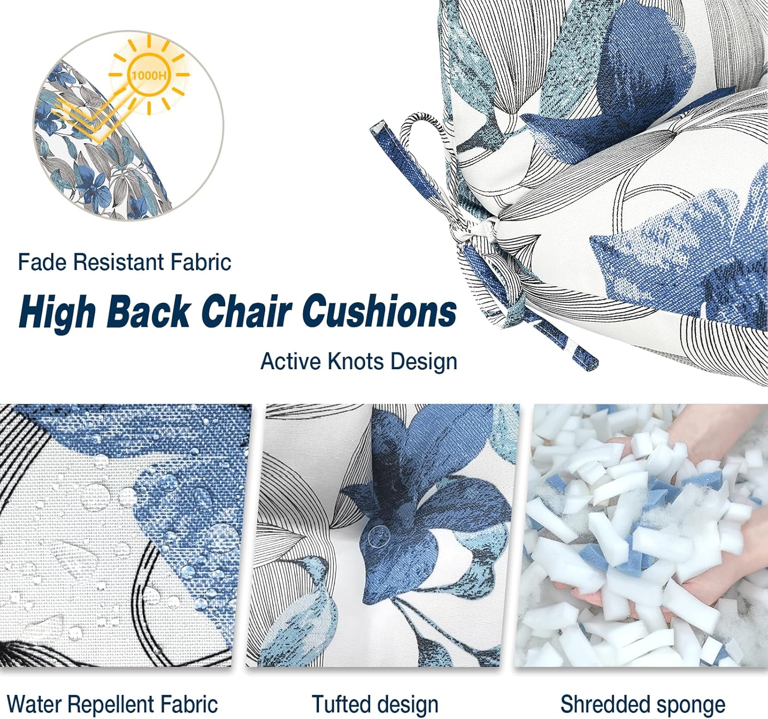 Outdoor High Back Rocking Chair Cushions, Non-Skid Slip Backed Chair Cushions, Chair Cushion for Patio Chairs, 44"x22"x4", Set of 2, Clemens Noir Blue