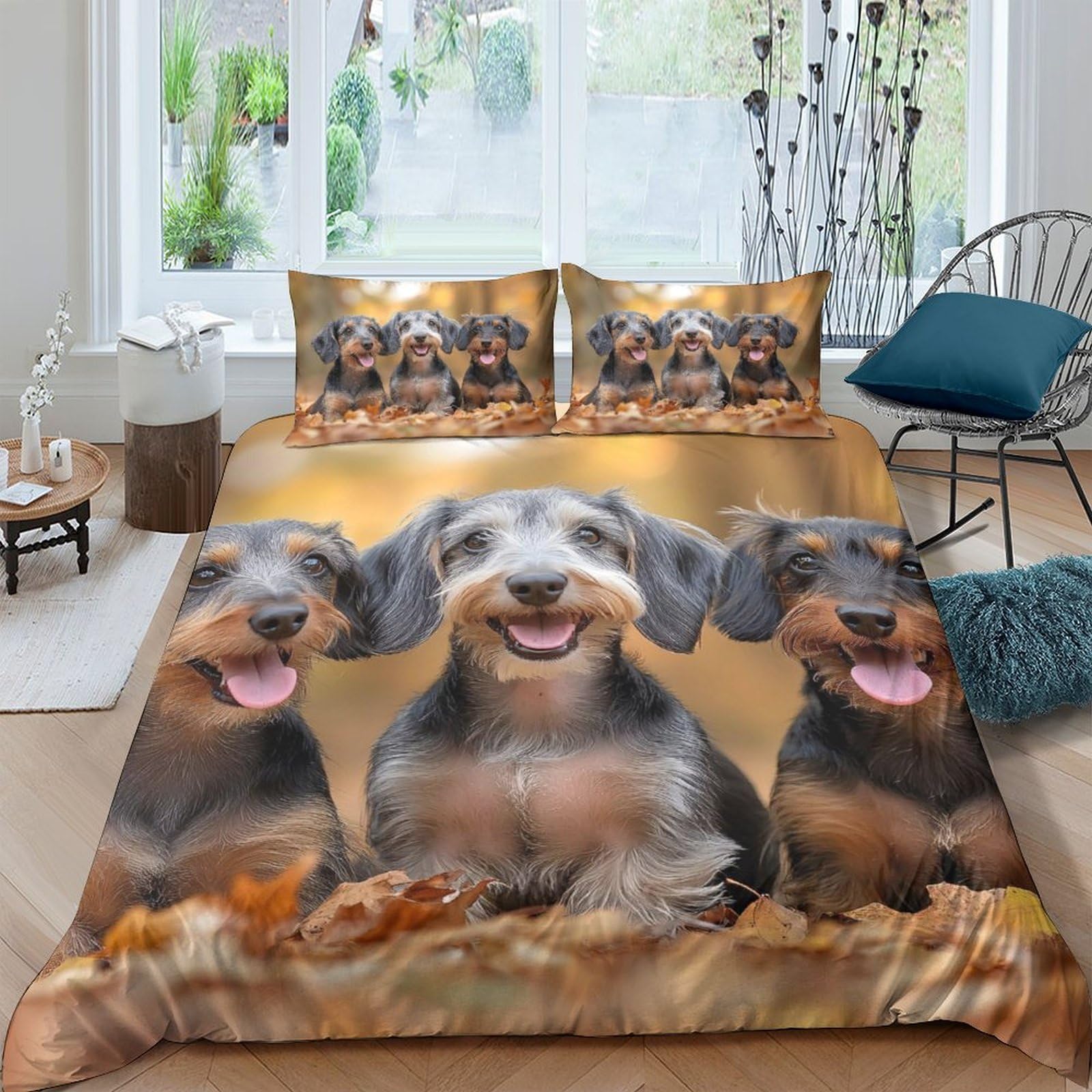 GPLZQXKJNH 3D Printed Dachshund Dog Duvet Cover Set Microfiber Soft Autumn Leaves Quilt Cover with 2 Pillowcases for Bedroom Decor Single（135x200cm）