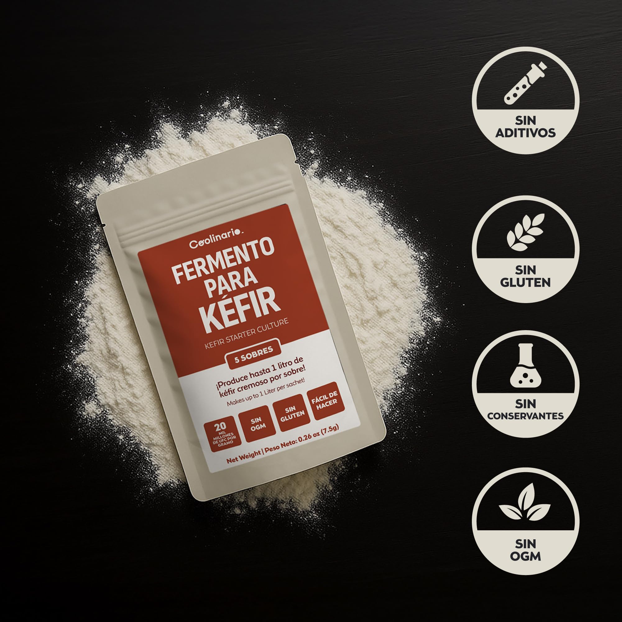 Coolinario Fermentos para Kéfir 5 Sobres 1.5g Cultivos Casero Probióticos Vivos Sin OGM Sin Conservantes Sin Gluten