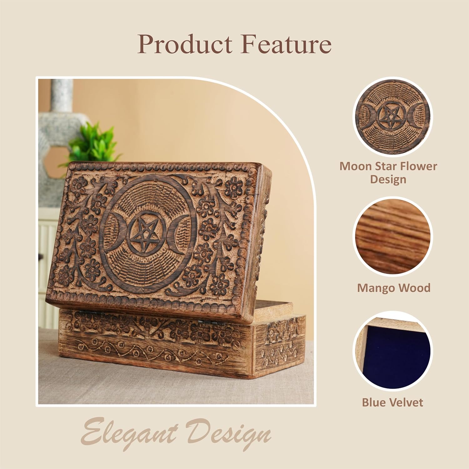 Ajuny Wooden Hand Carved Decorative Jewelry Box Moon Star Carvings Vintage Keepsake Storage Organizer Travel Treasure Chest Trinket Holder Case Great Gifts 8x5 Inch - Image 2