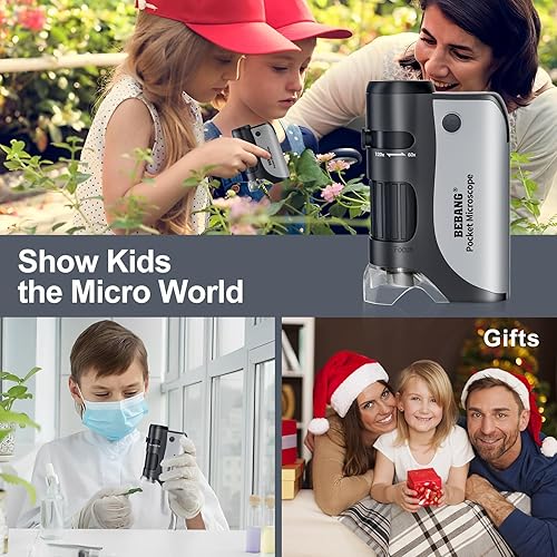Miniatura 4 de BEBANG Microscopio de bolsillo, mini microscopio de mano 60X-120X para niños con zoom iluminado LED, kits de microscopio portátil con 5 diapositivas