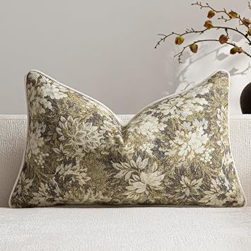 DEZENE Pack of 1 Vintage Floral Lumbar Pillow Covers 12x20 Boho Farmhouse Accents Chenille Rectangular Decorative Throw Pillow Cases for Living Room Couch Bed Home Decor, Beige