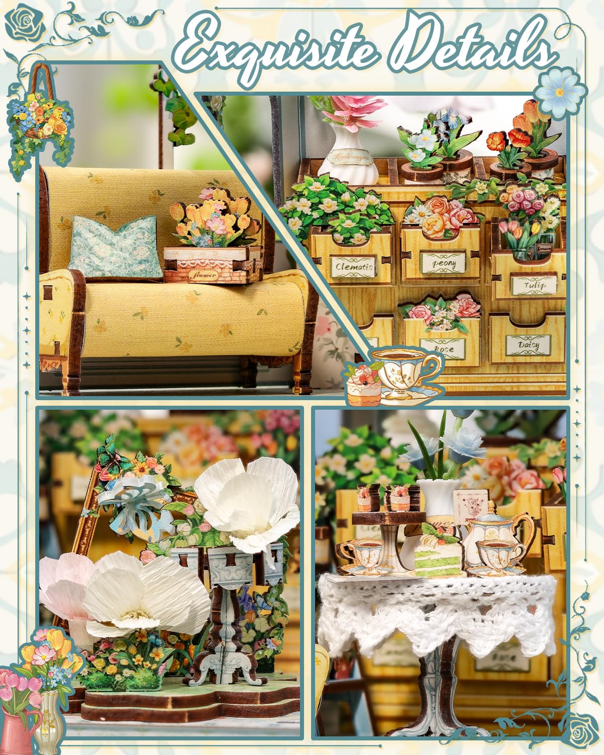 CUTEBEE Book Nook Puzzle 3D Rétro Européen - Kit à Assembler Maison de Poupée Jardin d'hiver, Décoration de Bibliothèque & Cadeau pour Adultes et Adolescents (Windsor Flower House)
