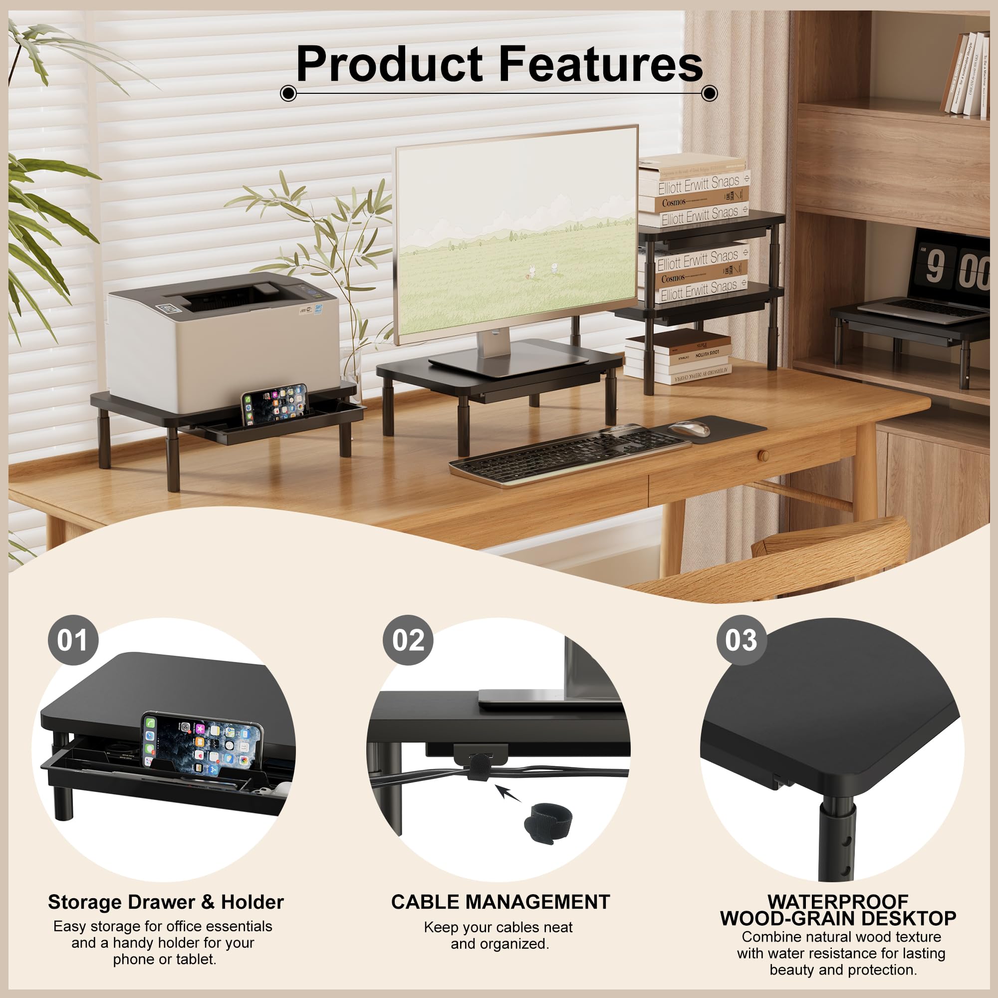 ETHU Supporto per monitor, 3 altezze regolabili (11, 13, 15 cm), con cassetto portaoggetti, organizer da scrivania per ufficio e casa, supporto ergonomico per stampante computer portatile PC