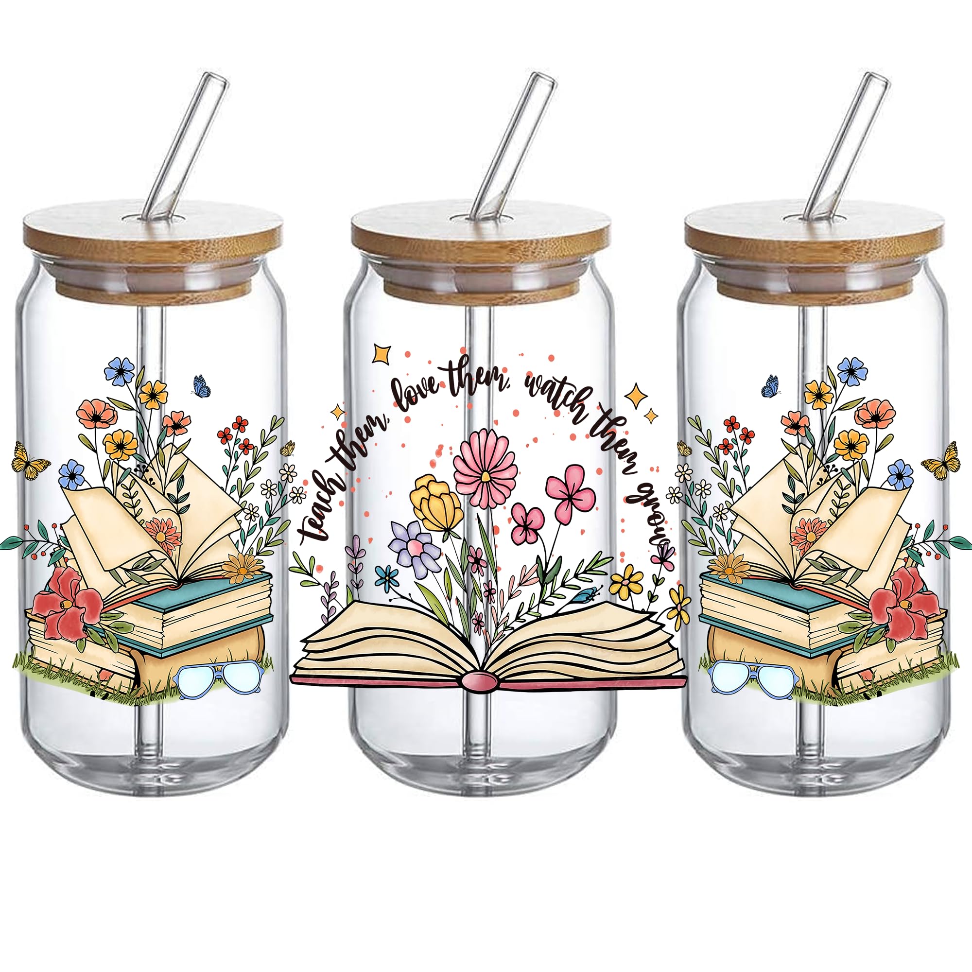 Teacher UV DTF Glass Cup Wrap Transfer - UVDTF Teach Them Love Them Watch Them Grow, Sublimation Design Wildflowers Teacher Life, Gift for Teacher 3PCS