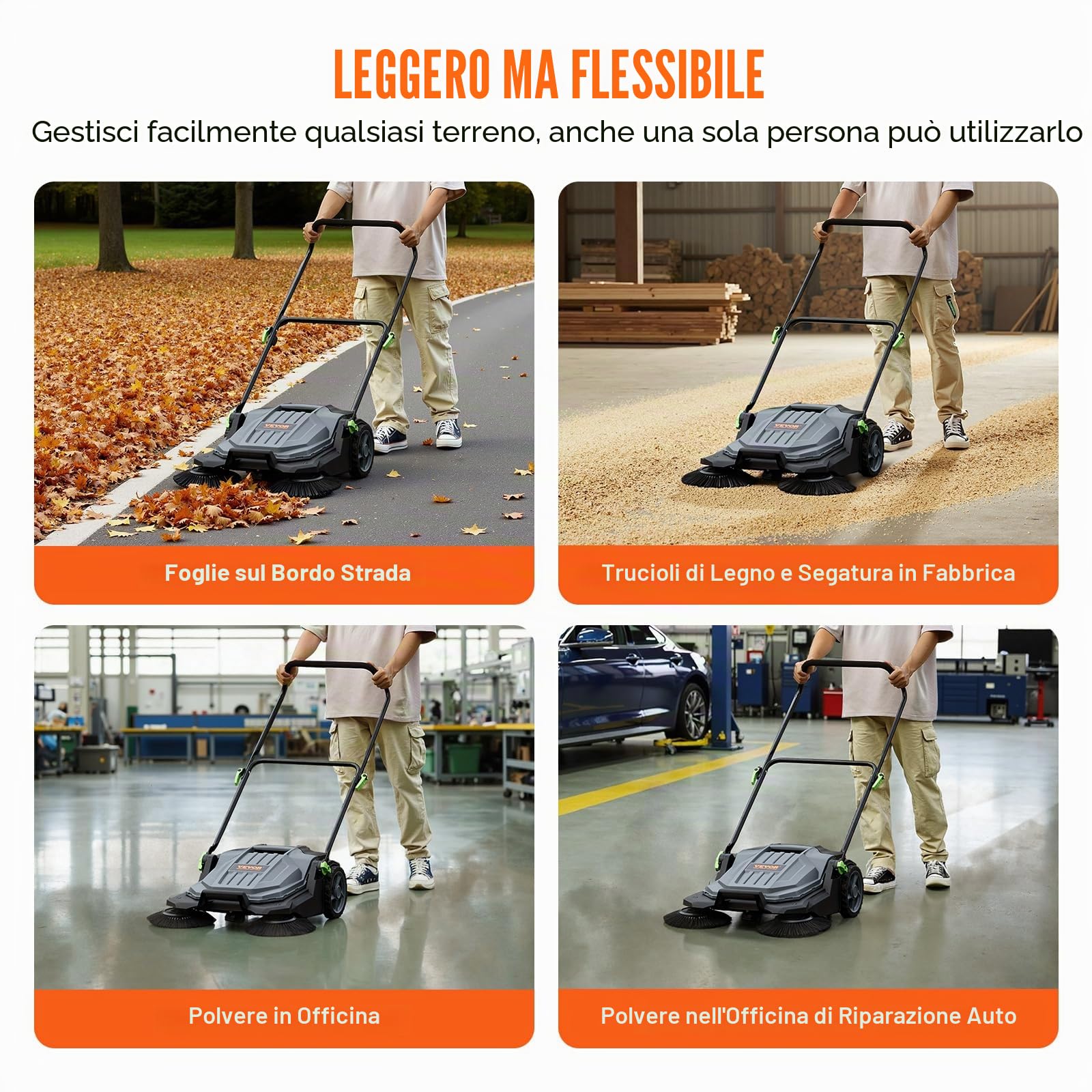 VEVOR Spazzatrice Manuale a Spinta per Pavimenti, Larghezza 65 cm, Manuale Non elettrica, Contenitore per Rifiuti 18.9 L, Manico Pieghevole Regolabile in Altezza e Angolo, per Giardini, Garage