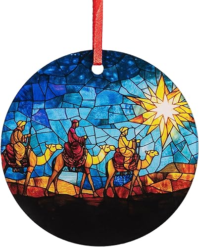 Three Wise Men - Adorno de Navidad acrílico estilo vitral - Magos redondos de 3.5 pulgadas siguiendo la estrella - Decoración católica de árbol de