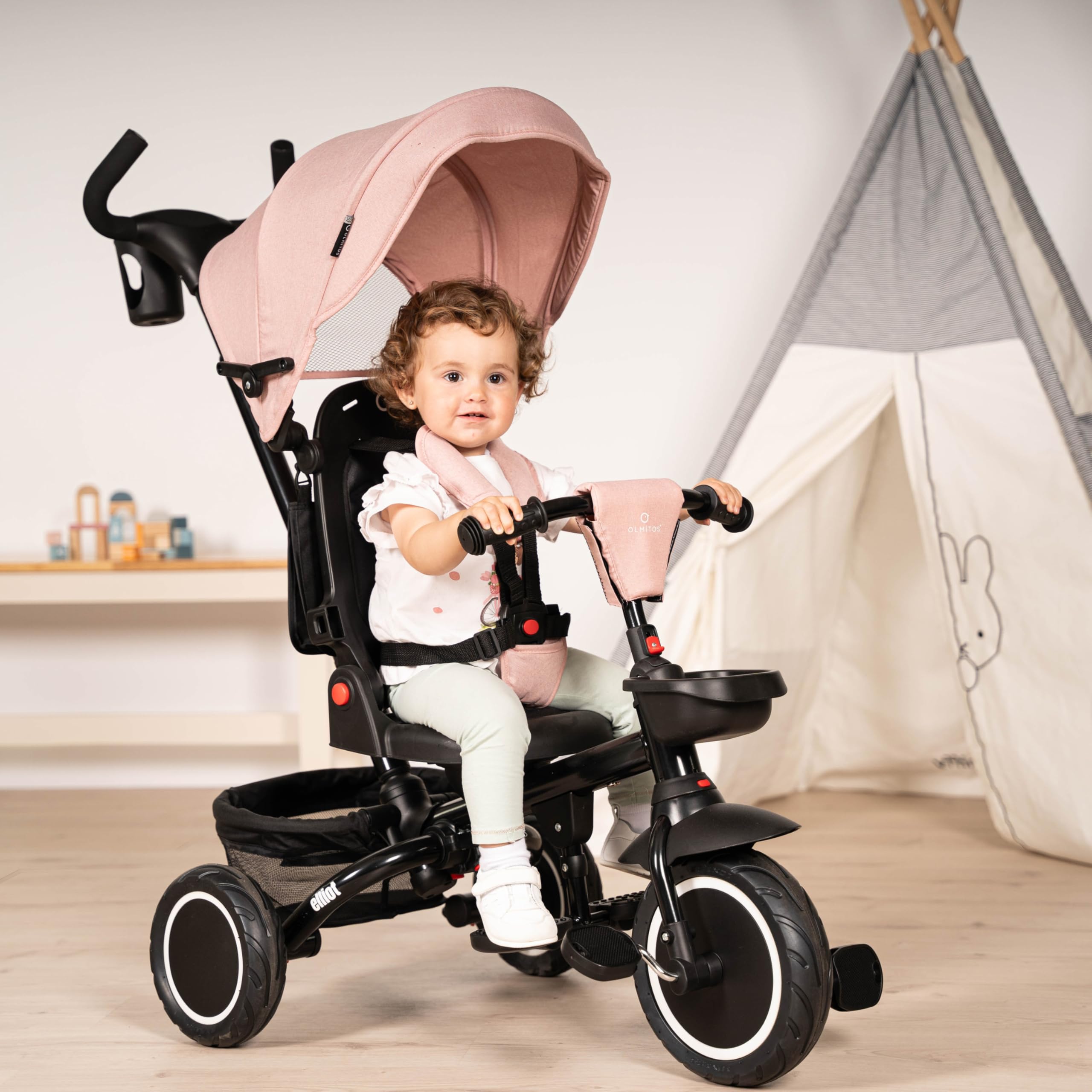 Olmitos - Triciclo Evolutivo Elliot 360º - Asiento Giratorio, Respaldo Ajustable y Estructura Resistente para Crecer con tu Pequeño (Rosa)