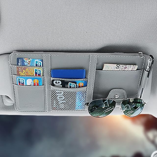 VIKSAUN Car Sun Visor Organizer Car Truck SUV Storage Pouch Registration Holder Vehicle Auto Interior Accessories Storage Pouch Car Registration Holder PU Leather Pocket Organizor (Gray)