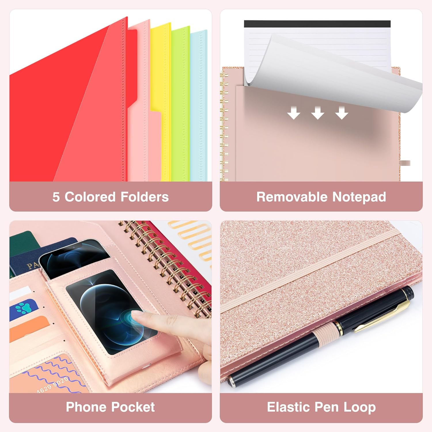 Ospelelf Clipboard with Storage Spiral Clipboard Folio for Letter Size,Organizer Folder with Zipper Pouch and 5 Dividers,Leather Portfolio for Office, School Rose Gold - Image 4