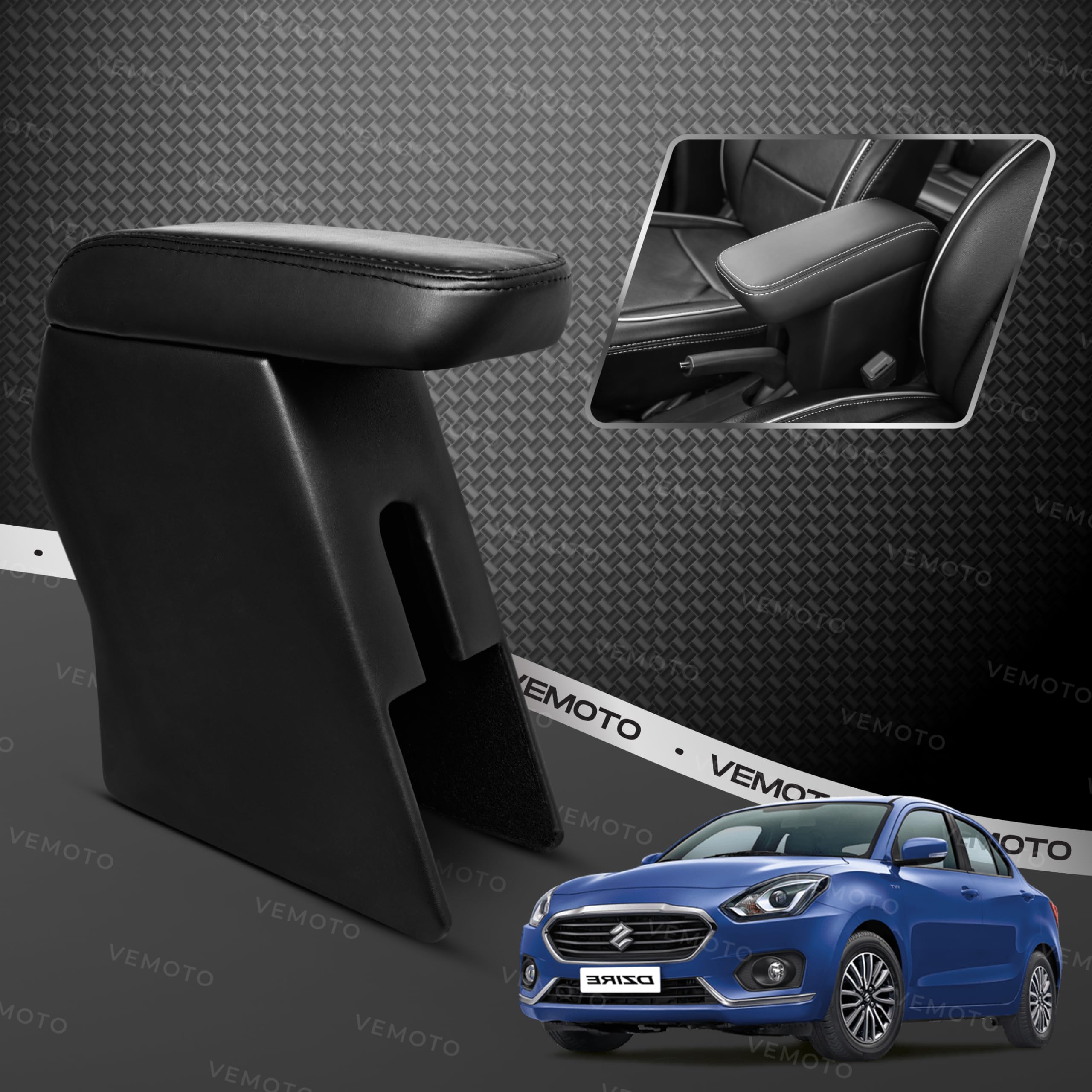 VEMOTO™ 2.0 High-End Car Center Armrest with Storage Compartment and Ultimate Comfort for Maruti Dzire (All Models From 2017-2025) (Black)