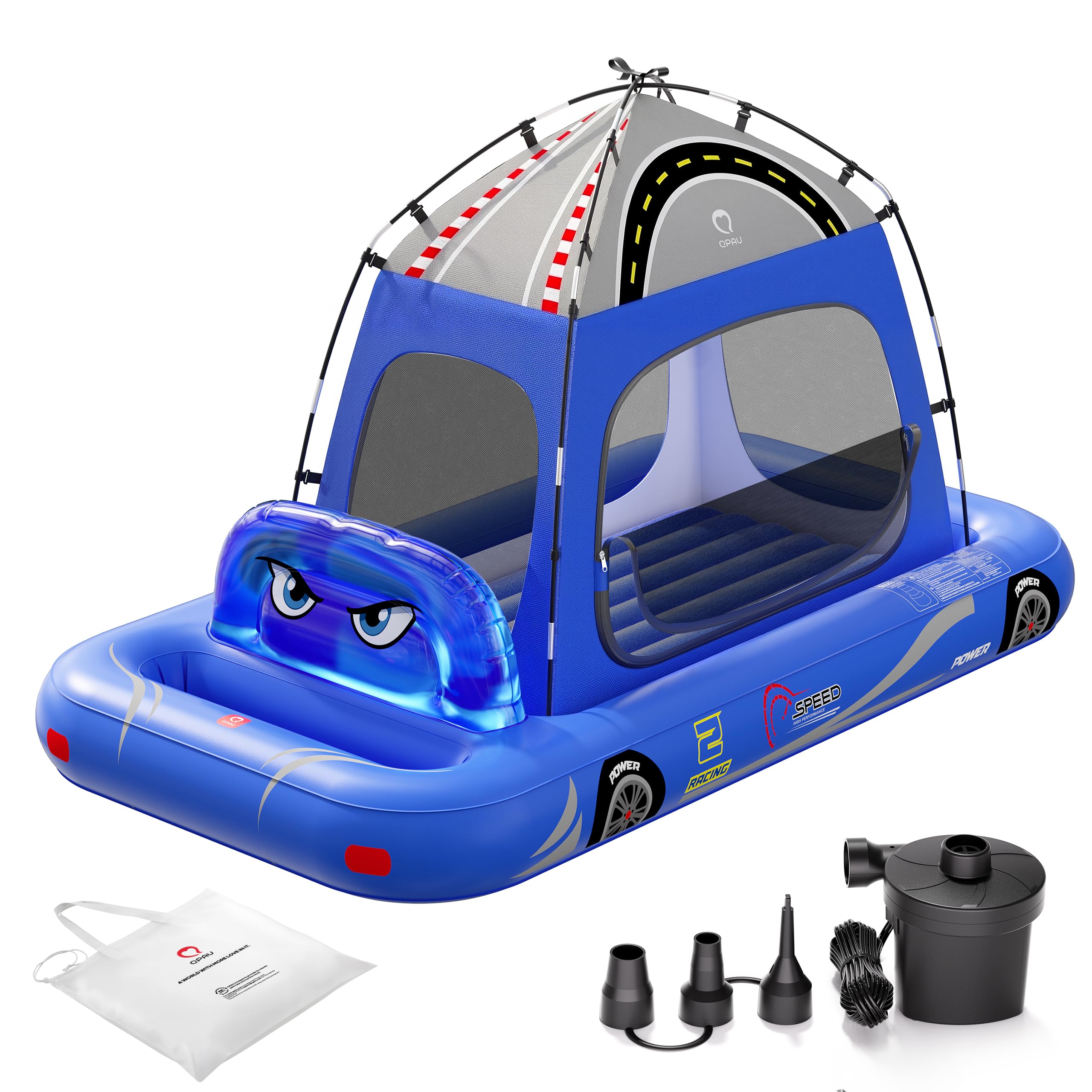 QPAU Matelas gonflable pour enfants, motif tente de voiture de course, à partir de 3 ans, bleu