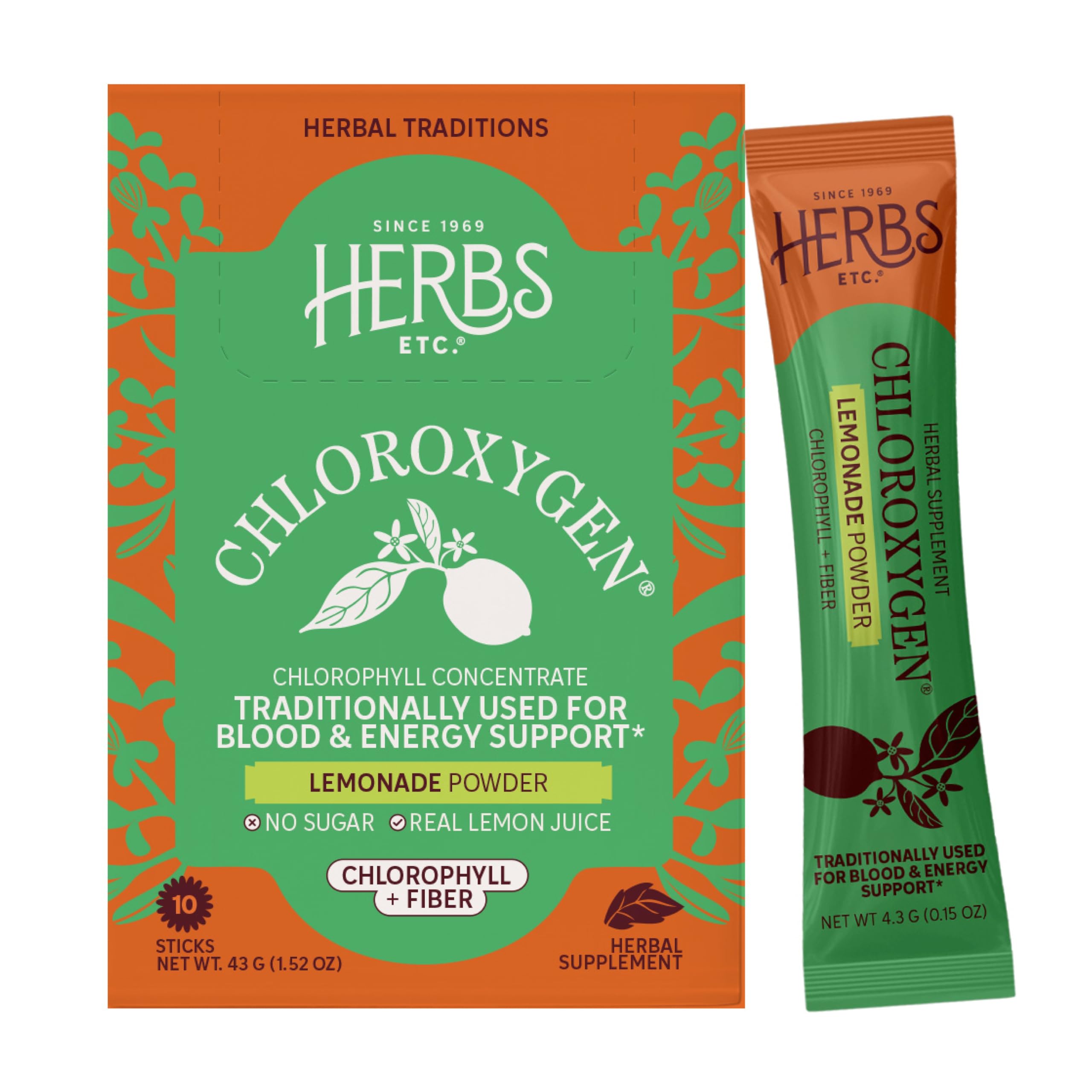 Herbs Etc. ChlorOxygen Chlorophyll Lemonade Powder Stick Pack, 10 Count