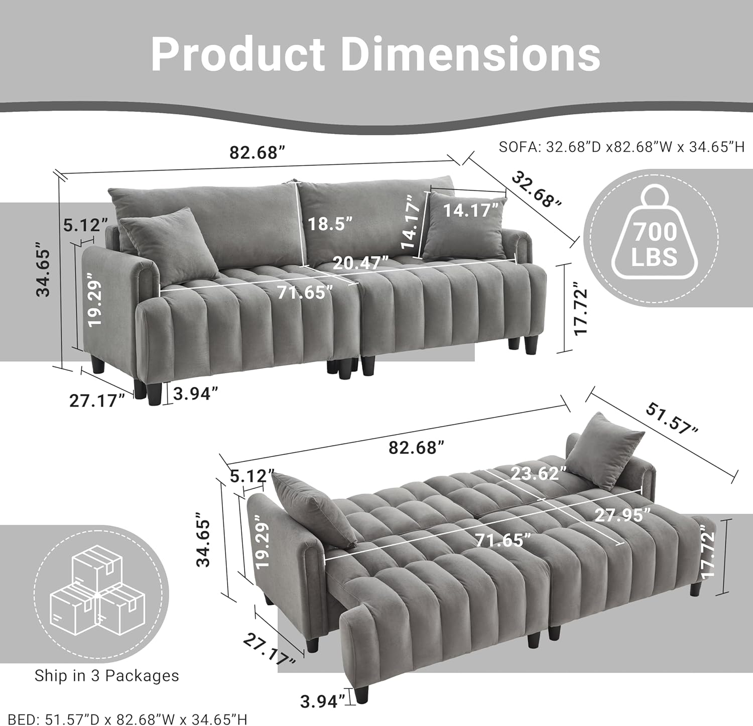 83'' Futon Sofa Bed, Polyester Fabric Comfy Futon Couch Bed with 2 Square Pillows, Convertible Sleeper Sofa with Adjustable Backrest, Modern Loveseat Sleeper for Living Room (Gray)