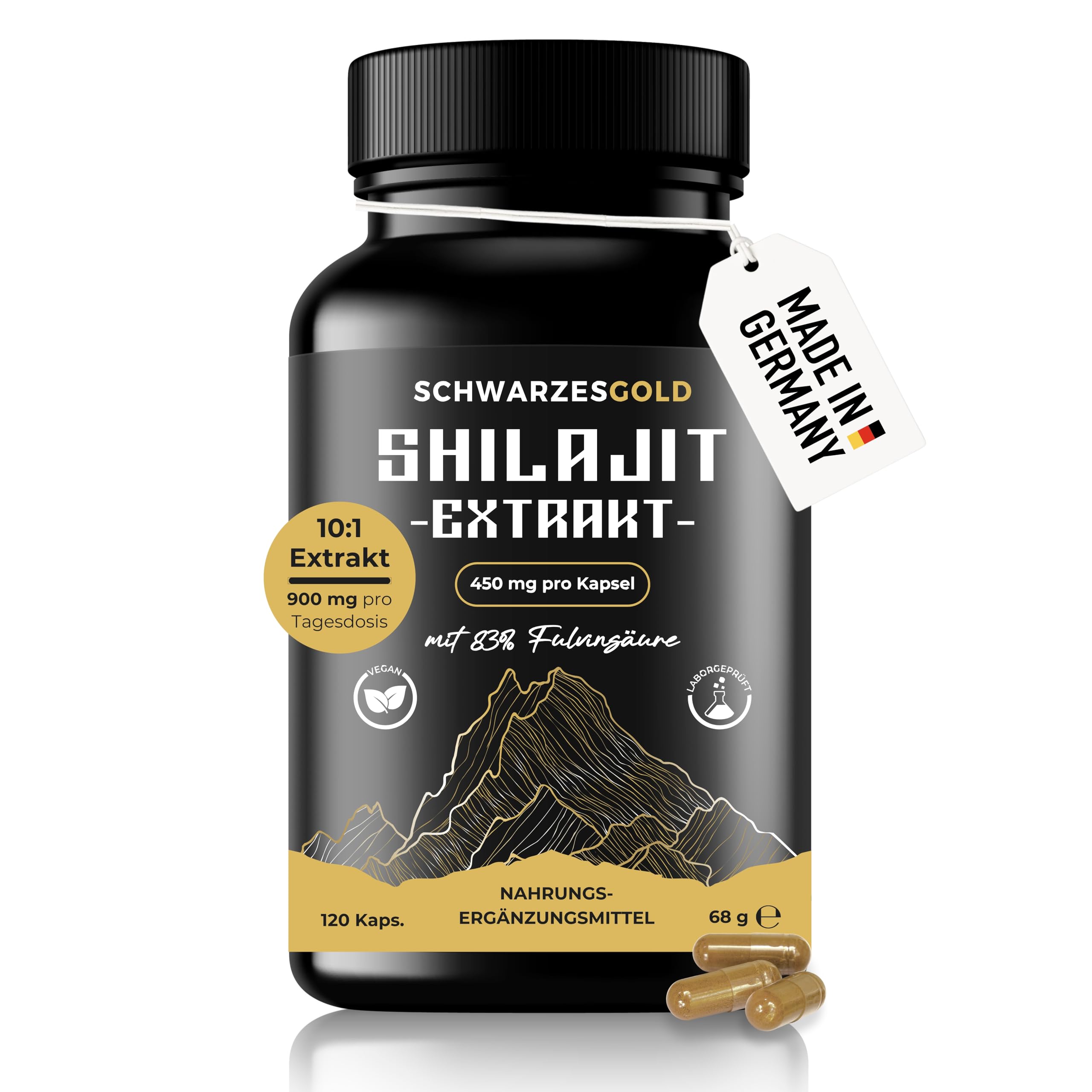 Himalaya Original Shilajit Kapseln Hochdosiert - 10:1 Extrakt - 83% Fulvinsäure | Abgefüllt und Laborgeprüft in DE | 120 Kapseln - 900mg Mumijo Tagesdosis | Vegan & ohne Zusätze