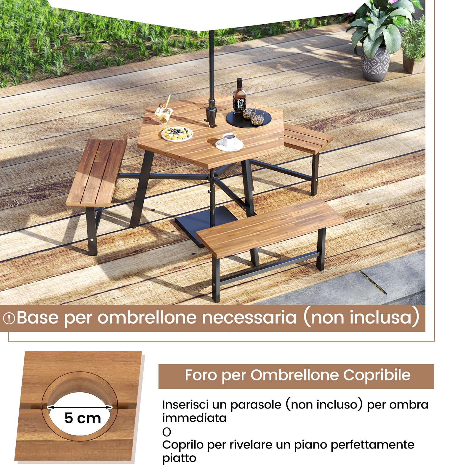 RELAX4LIFE Tavolo da Picnic per 6 Persone in Legno di Acacia con Panchine Incorporate, Set da Tavolo da Pranzo Esterno con Foro per Ombrellone e Struttura in Metallo per Patio, Giardino, Bordo Piscina