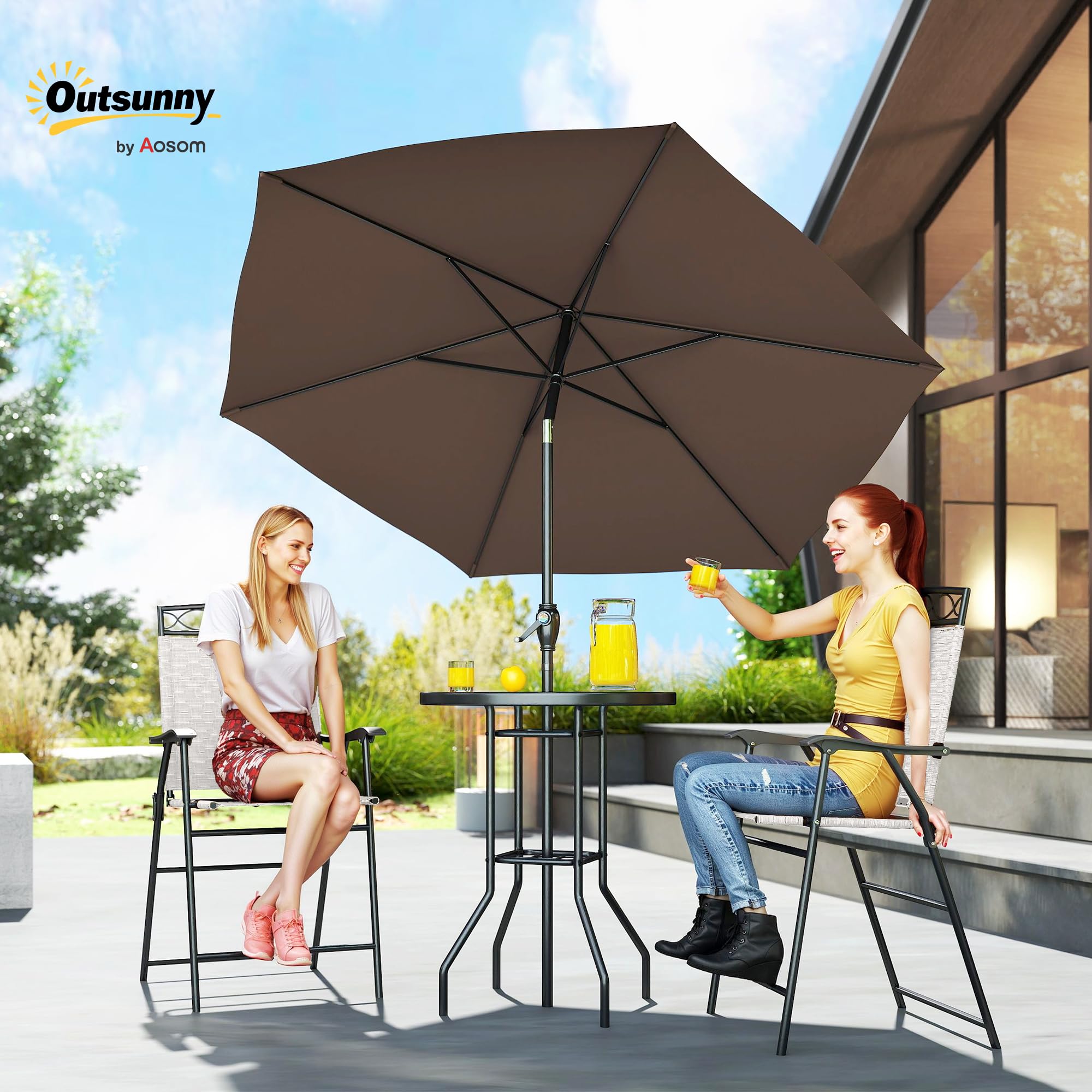 Juego de 4 muebles de comedor para patio al aire libre, 2 sillas plegables, paraguas de ángulo ajustable, mesa de comedor de vidrio templado con textura ondulada, color beige 2