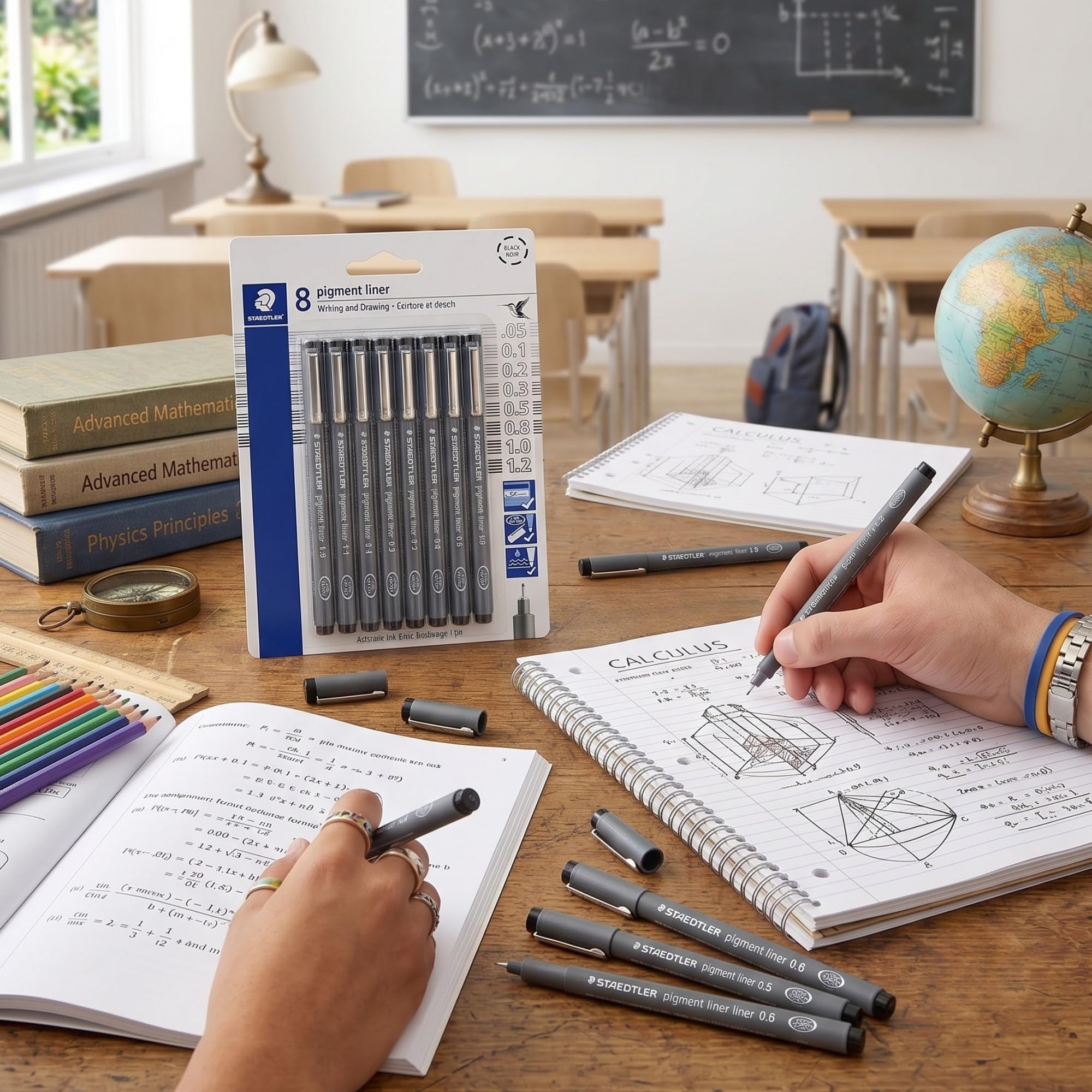 STAEDTLER Pigment Liner Fineliner Stifte, Schwarz, 5 Stück (insgesamt 40 Stück) | 8 verschiedene Spitzengrößen pro Set (0,05 mm – 1,2 mm), wasserfest, Zeichen- und Schreibstifte