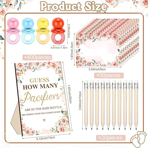 Miniatura 4 de Syhood Floral Baby Shower Games Guess How Many Pacifiers - Cartel de juego 50 pequeños juegos de adivinanzas, 20 lápices HB, botella de leche de