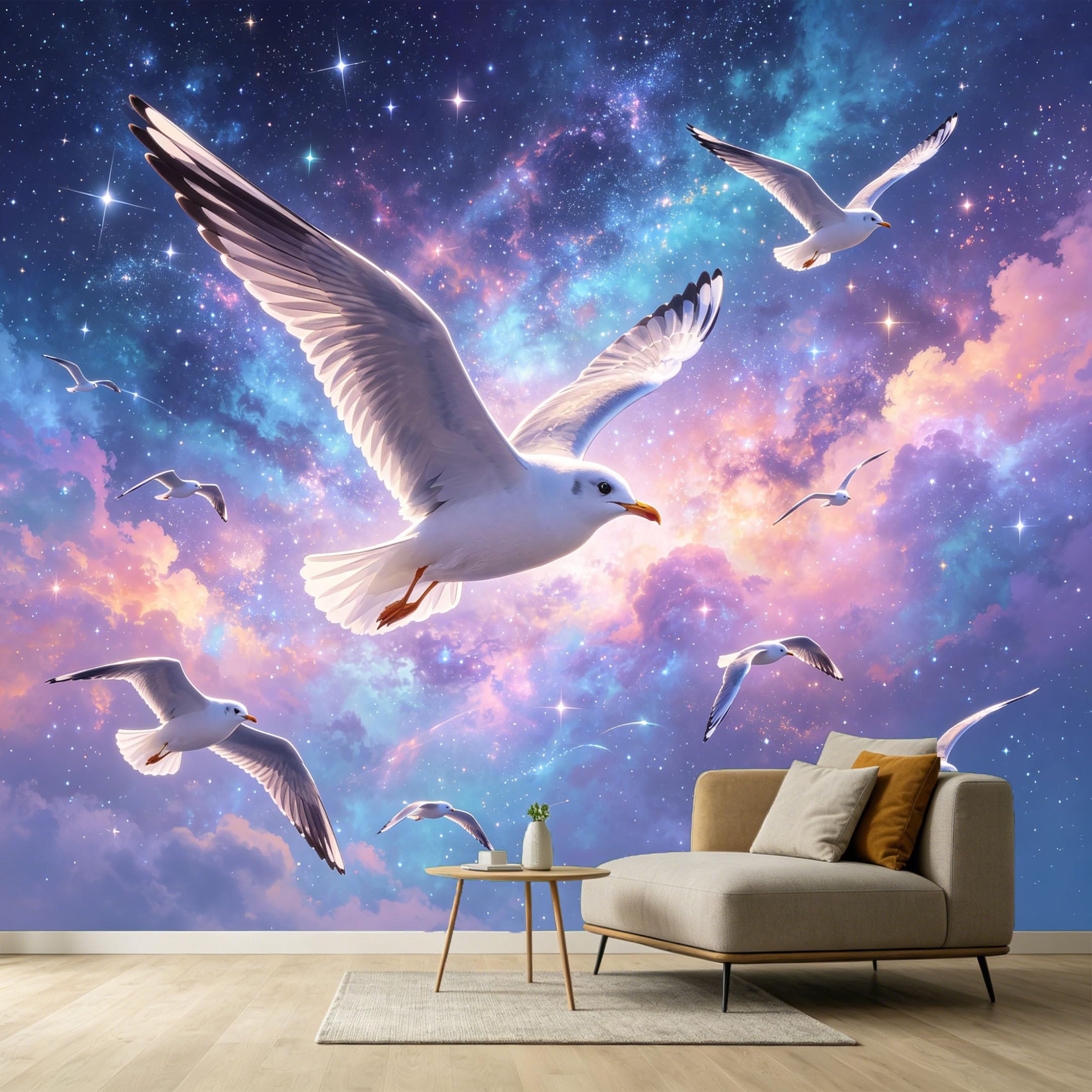 Custom Size Wall Murals Flying Seagulls Cosmic Galaxy Nebula Abstract Modern SelfAdhesive Wall Fabric Removable Large Wallpaper for Photo Living Room