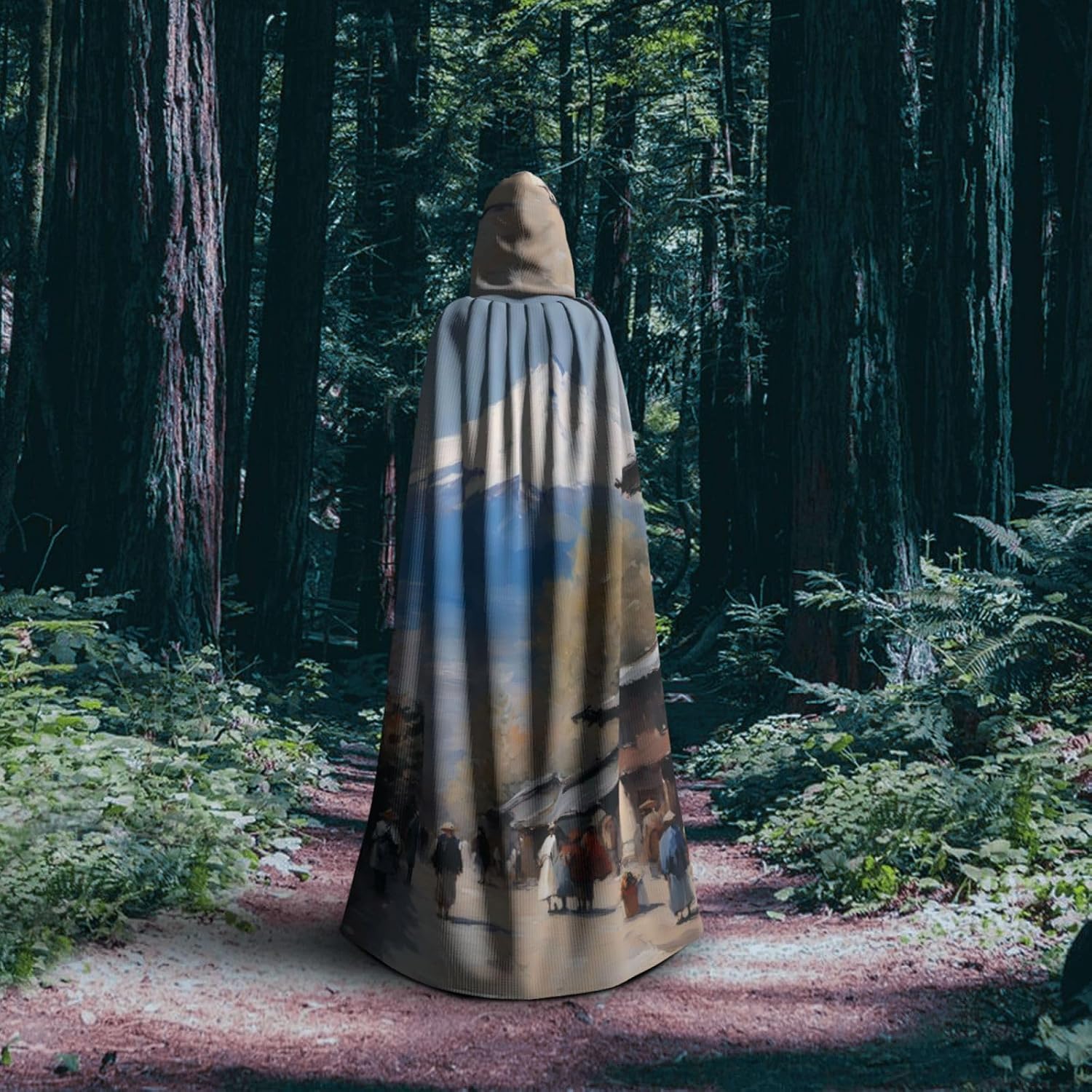 Unisex Full Length Hooded Halloween Christmas Party Robe Cloak Cape Cosplay Costume Men Women Nice Mount Fuji Print Prints Black