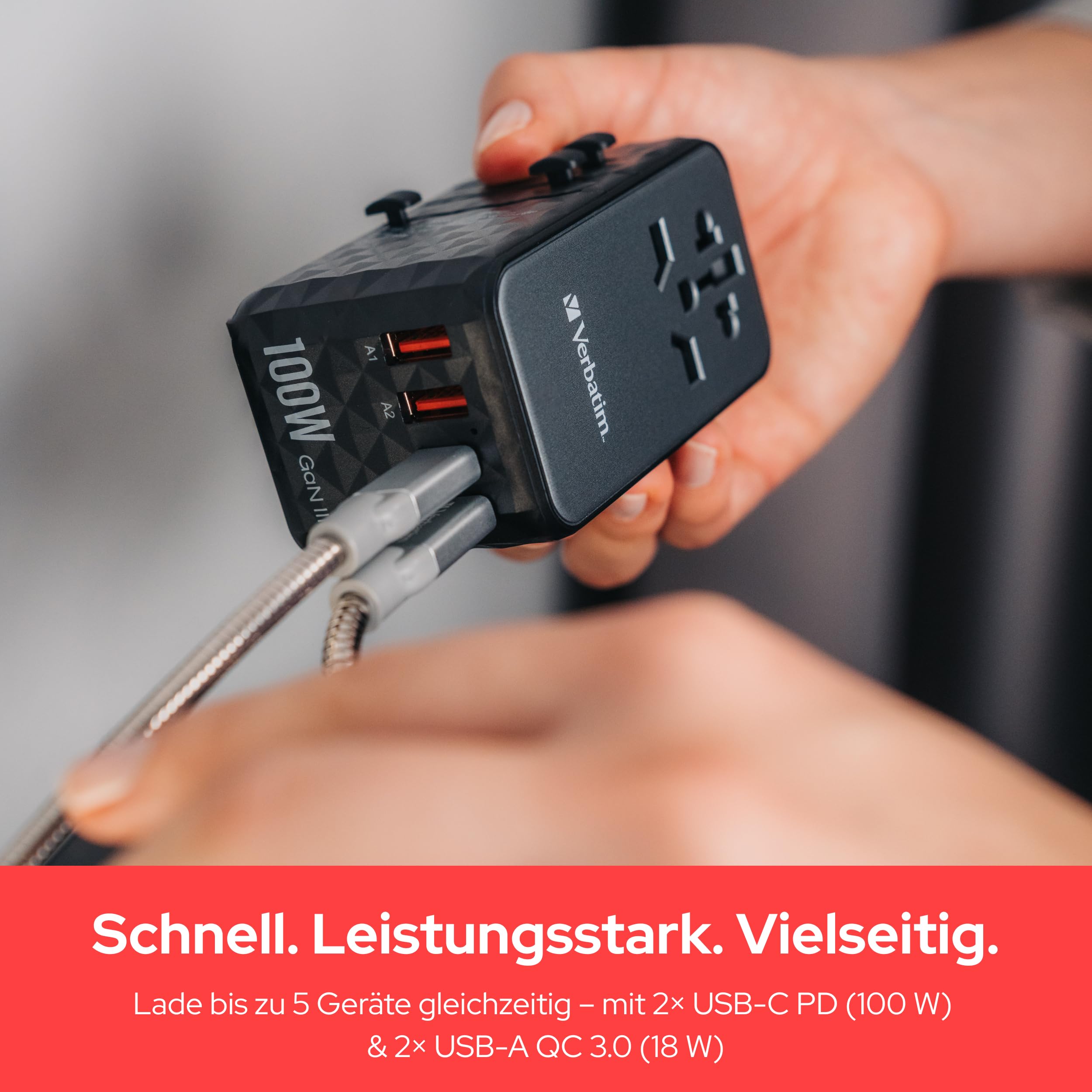 Verbatim GaN Universal Reiseadapter UTA‑06 100 W, Steckdosenadapter mit 2 USB‑A und 2 USB-C Anschlüssen, Schnellladegerät für Laptop, Handy, Kamera und Co, Reisestecker weltweit einsetzbar, 100-250 V
