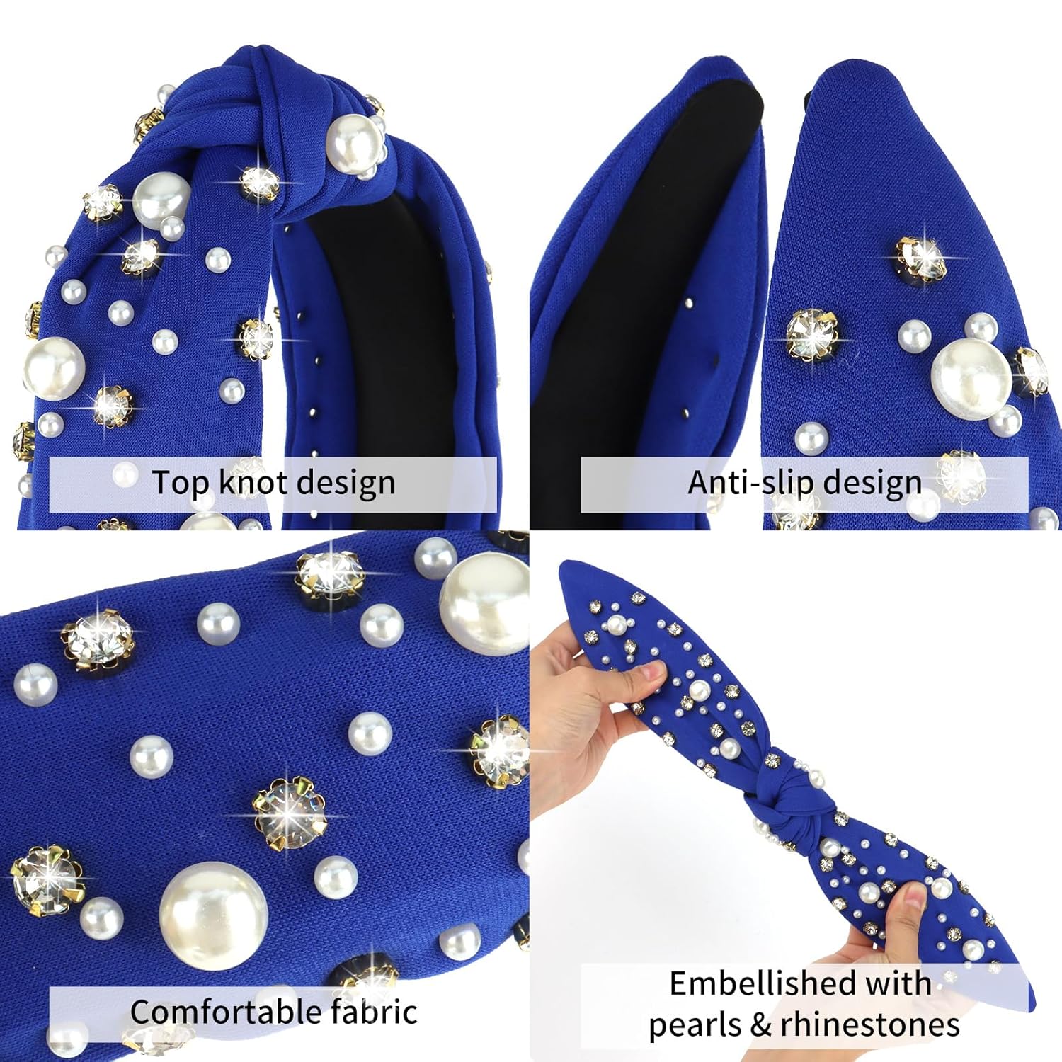 Blue Headband Pearl Knotted Headband Sparkly Rhinestone Pearls Top Knotted Head band Fashion Accessories Cute Hair Bands - Image 6