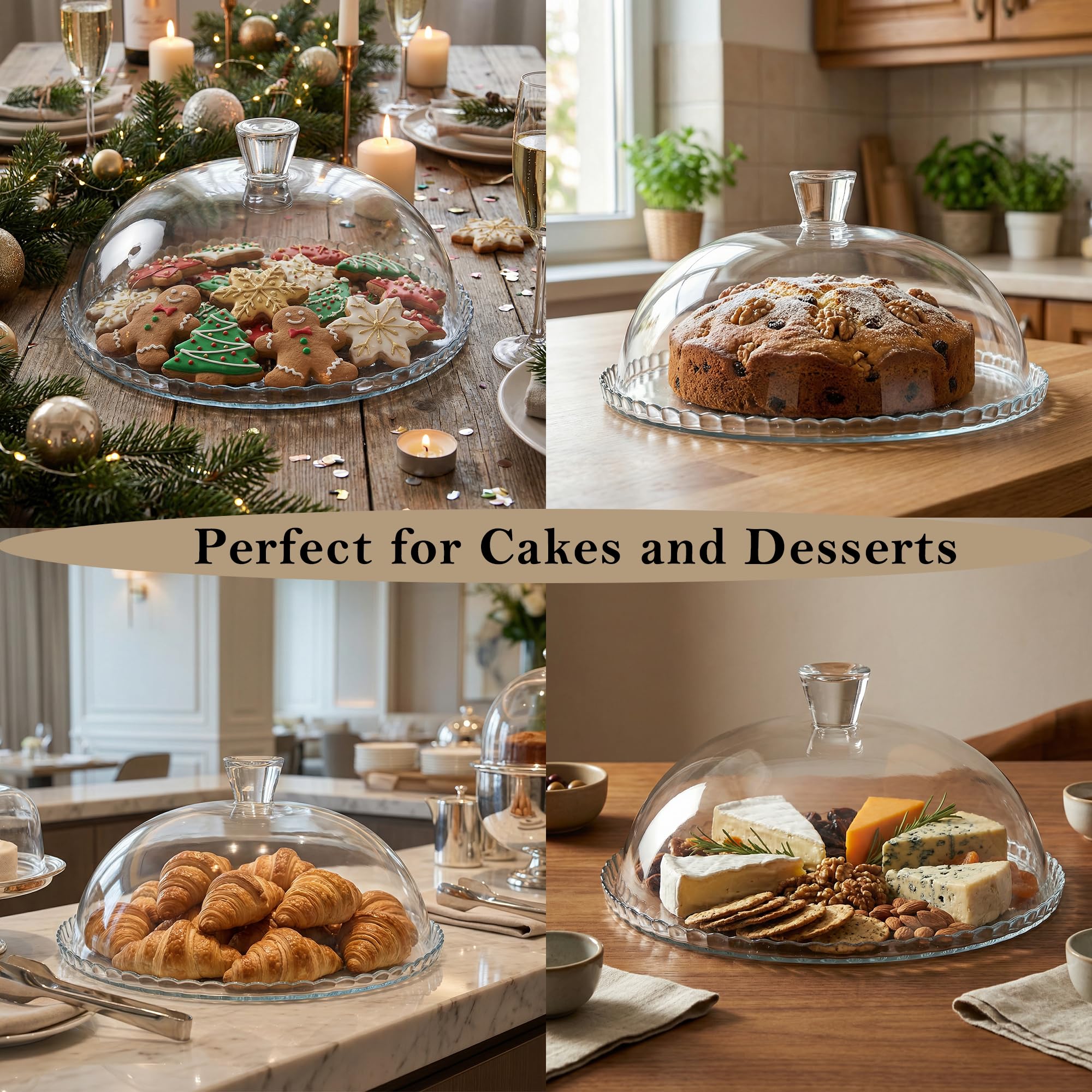 Présentoir à Gâteau en Verre avec Cloche, Transparent, 32,2 cm, Support à Dessert pour Gâteaux, Cupcakes, Fruits et Pâtisseries