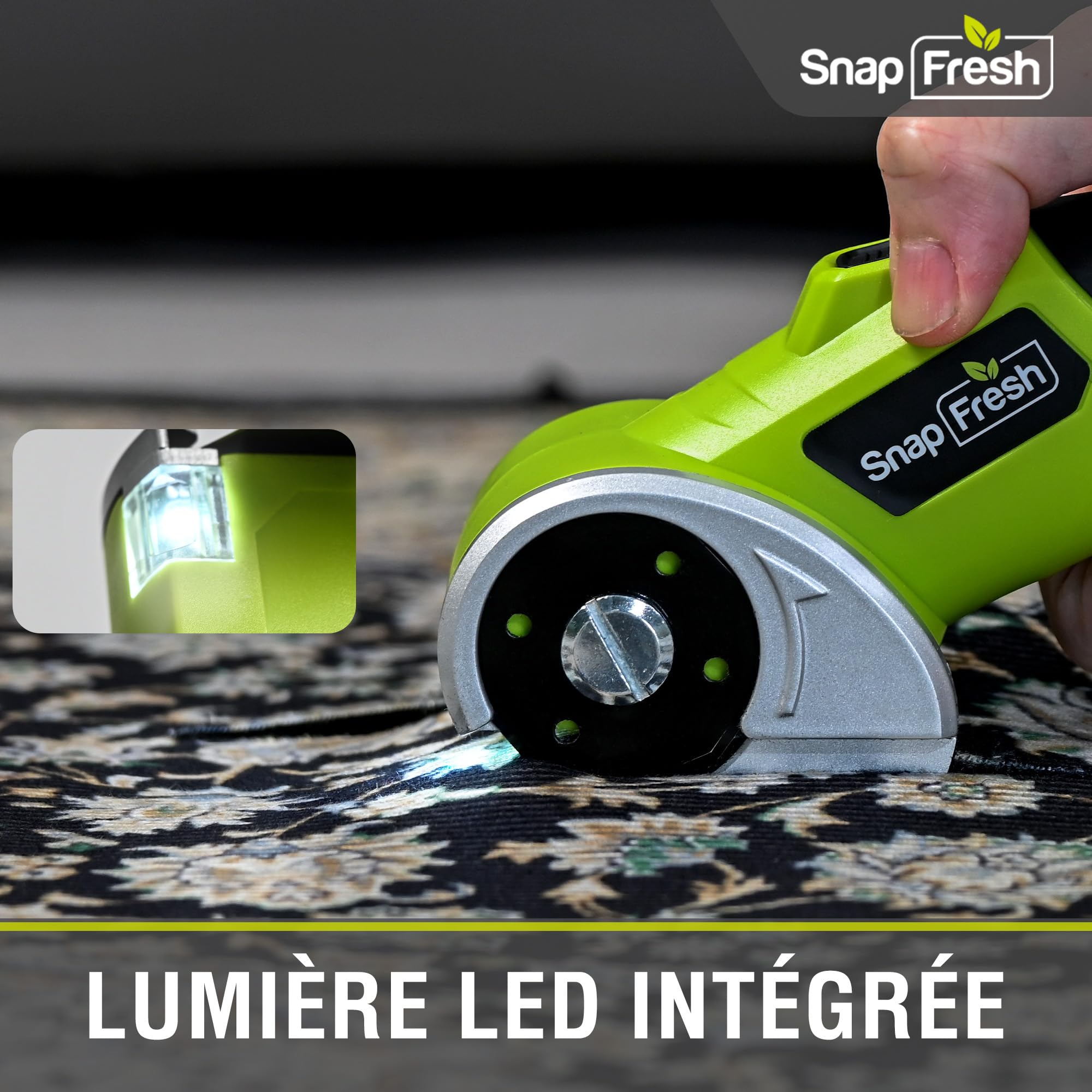 SnapFresh Ciseaux Électriques Sans Fil Cutter Rotatif avec 2 Lames Auto-Affûtantes SKS7, LED & Sac de Rangement – Akku Universel Coupe Carton, Papier, Tapis, Cuir, Feutre, PVC