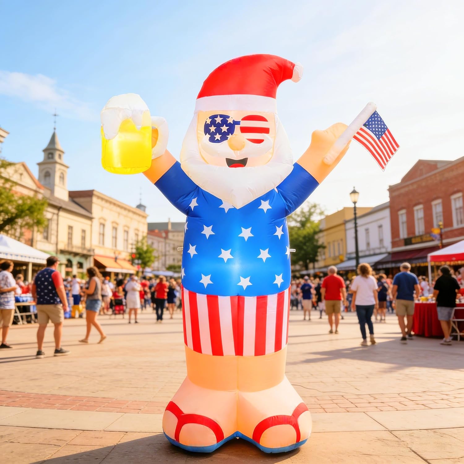 6ft 4th of July Uncle Sam Inflatables, Patriotic Outdoor Decorations with Beer, American Flag & Built-in LEDs, Blow Up for Independence Day Yard Garden