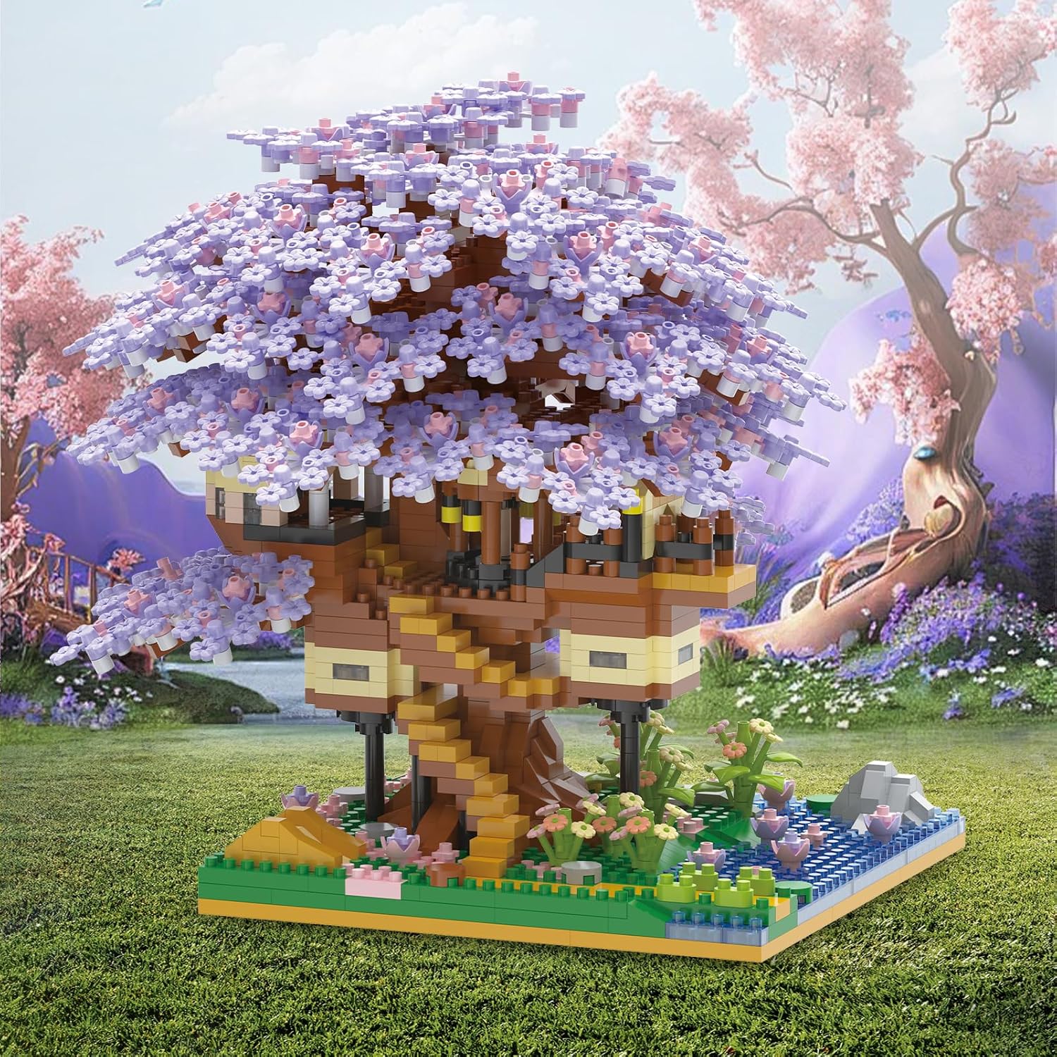 Contents of the PQKIE Cherry Blossom Tree House Micro Block Building Set, showing bags of micro blocks, instruction manual, and base.