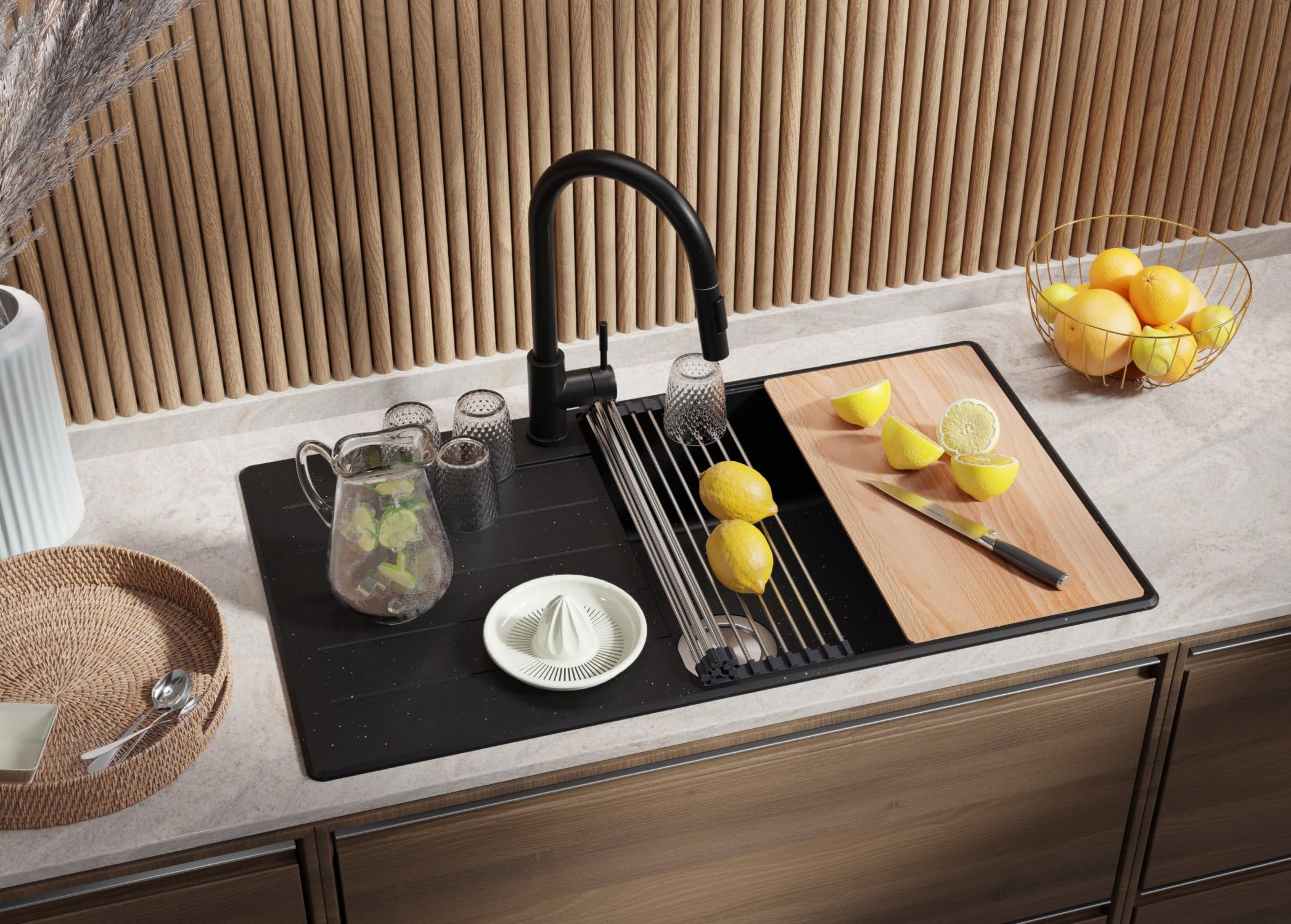 PRIMAGRAN Lavello da Cucina Nero Metallico 90x50cm, Lavandino in Granito a 1 vasca + Sifone Classico, Lavabo da Cucina Incasso al Mobile 60cm - Copenhagen Top S661