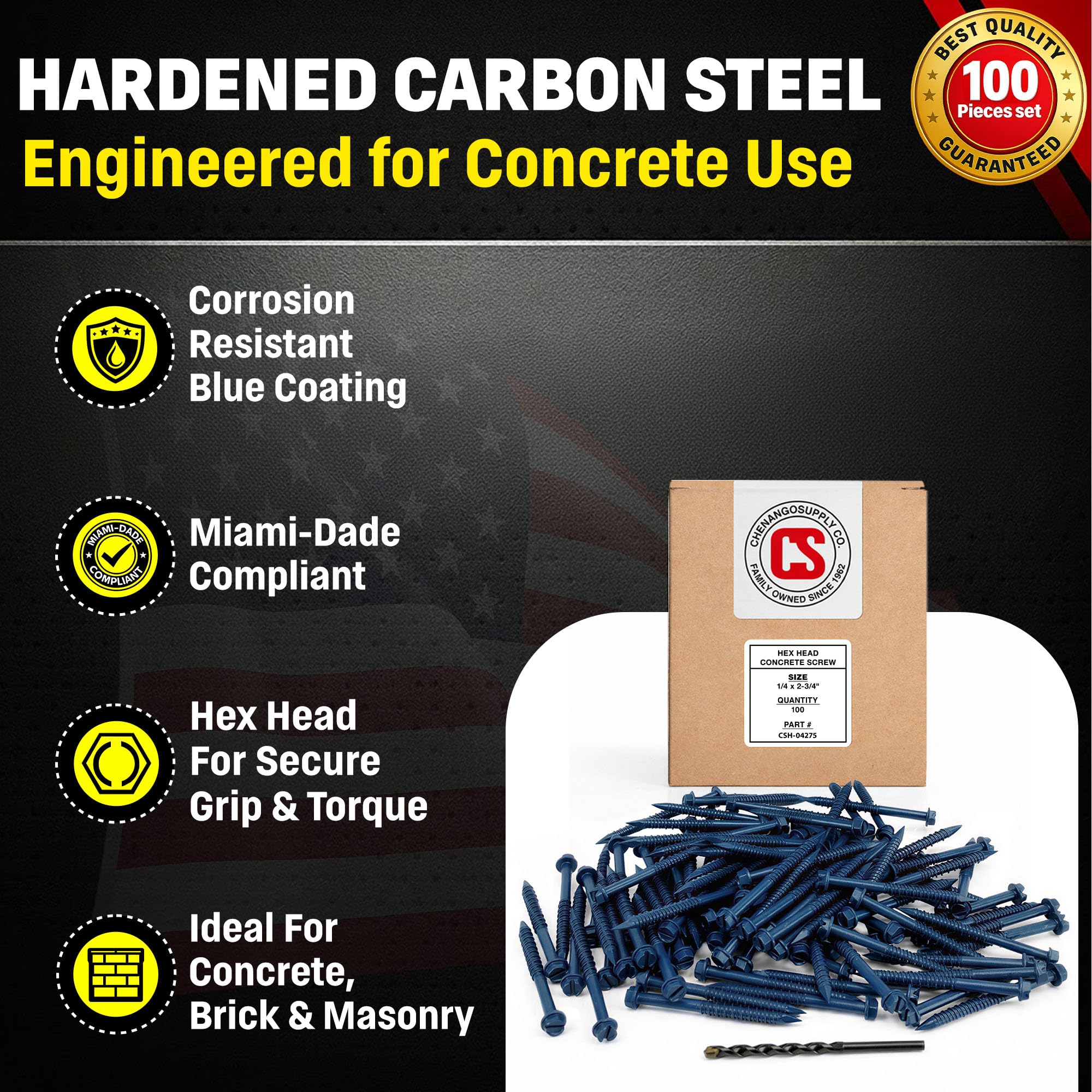 Chenango suministro 1/4 x 2 – 3/4 "Hex Head Concreto Tornillo de anclaje. 100 piezas con broca (1/4 x 2 – 3/4")