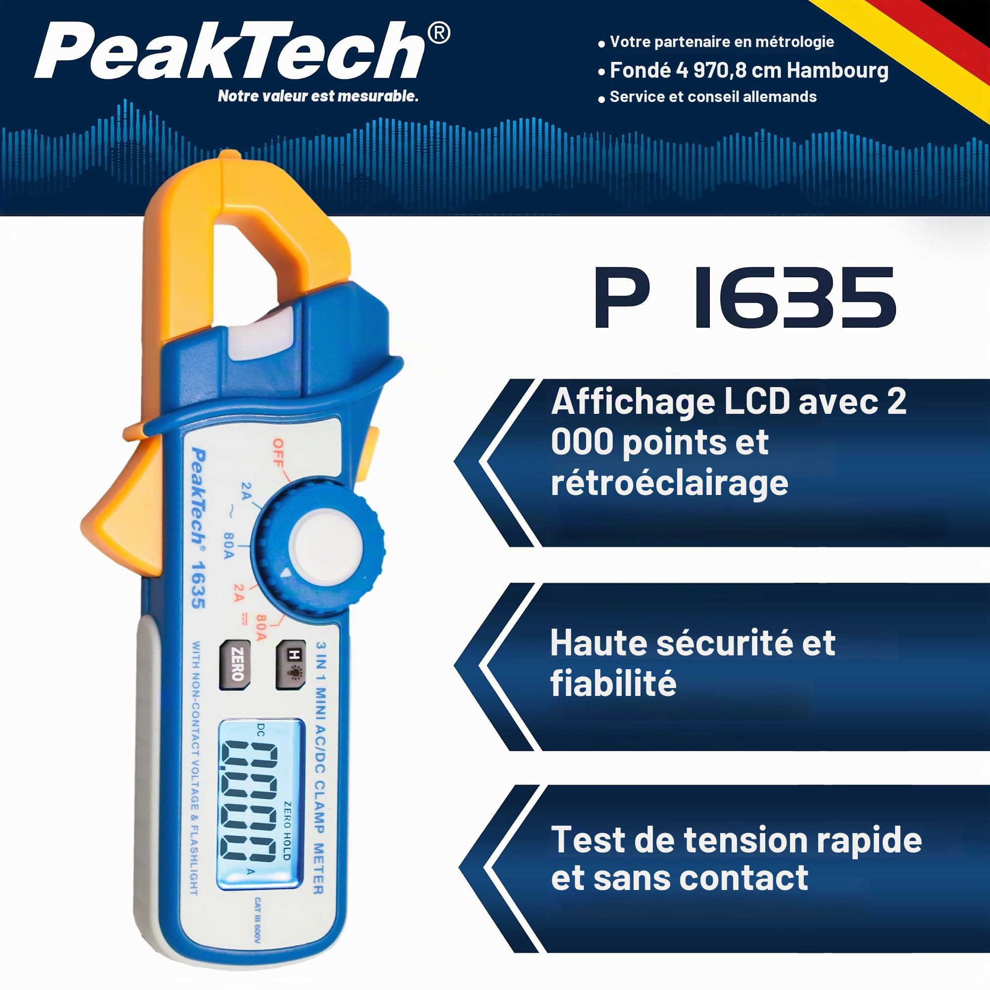 PeakTech P 1635 Pince ampèremétrique, pince ampèremétrique, avec résolution 1 mA et NCV, 1 pièce, P 1635