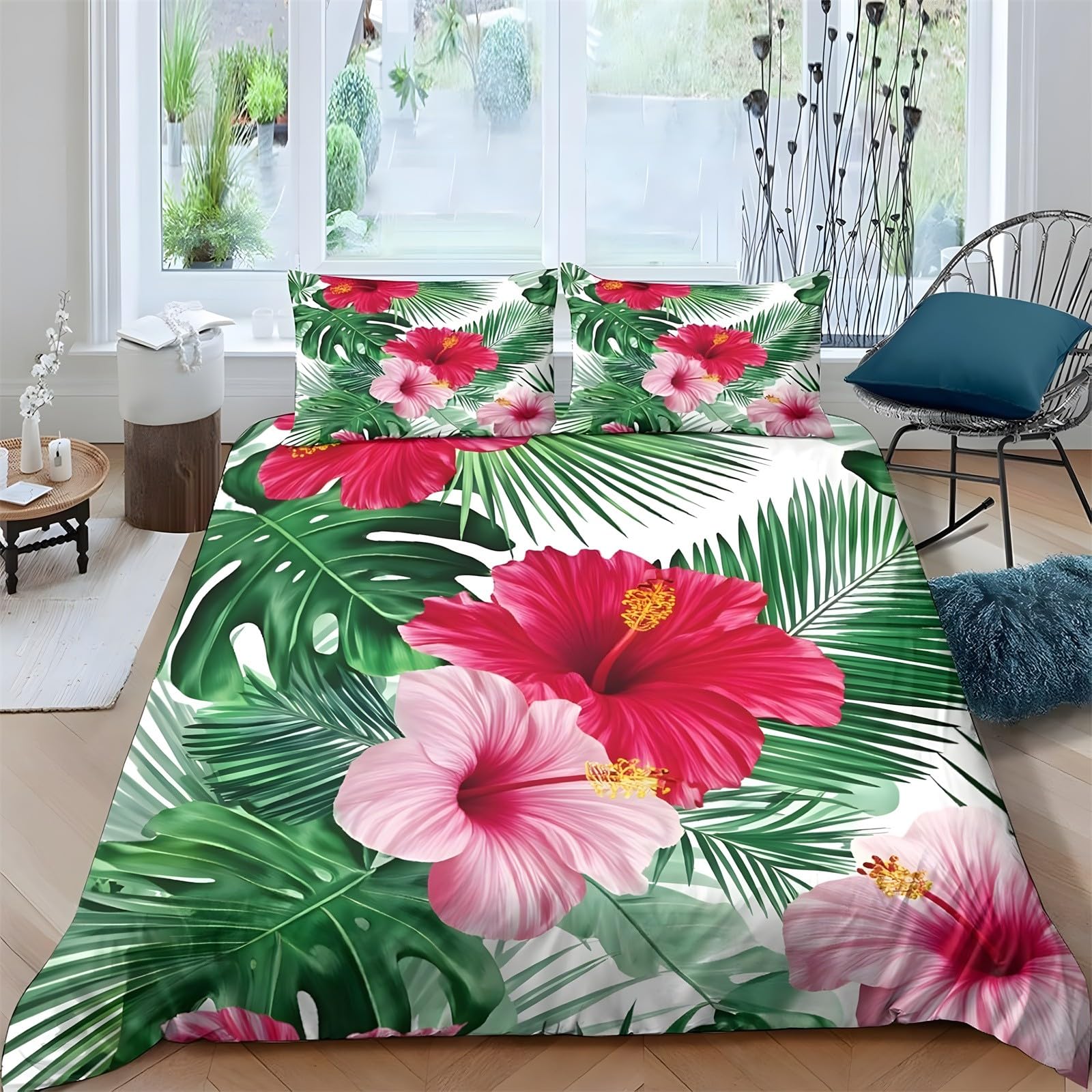 Ypthriline Super King Duvets Set Hibiscus Flowers Bedding Set Microfiber Palm Leaf Duvet Covers with Pillowcases Reversible Bedding With Zipper Closure 260x220CM