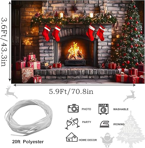Miniatura 3 de Telón de fondo de chimenea de Navidad, 5.9 x 3.6 pies, medias de árbol de Navidad de invierno, regalos de fondo para niños, pancarta de fiesta de