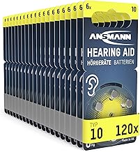 Ansmann Hearing Aid Batteries 10 with Easy-Grip Protective Film (Yellow, Pack of 120), Type 10 P10 PR70 ZL4, Made in Germany, Zinc Air 1.4 V, Battery for Hearing Aids
