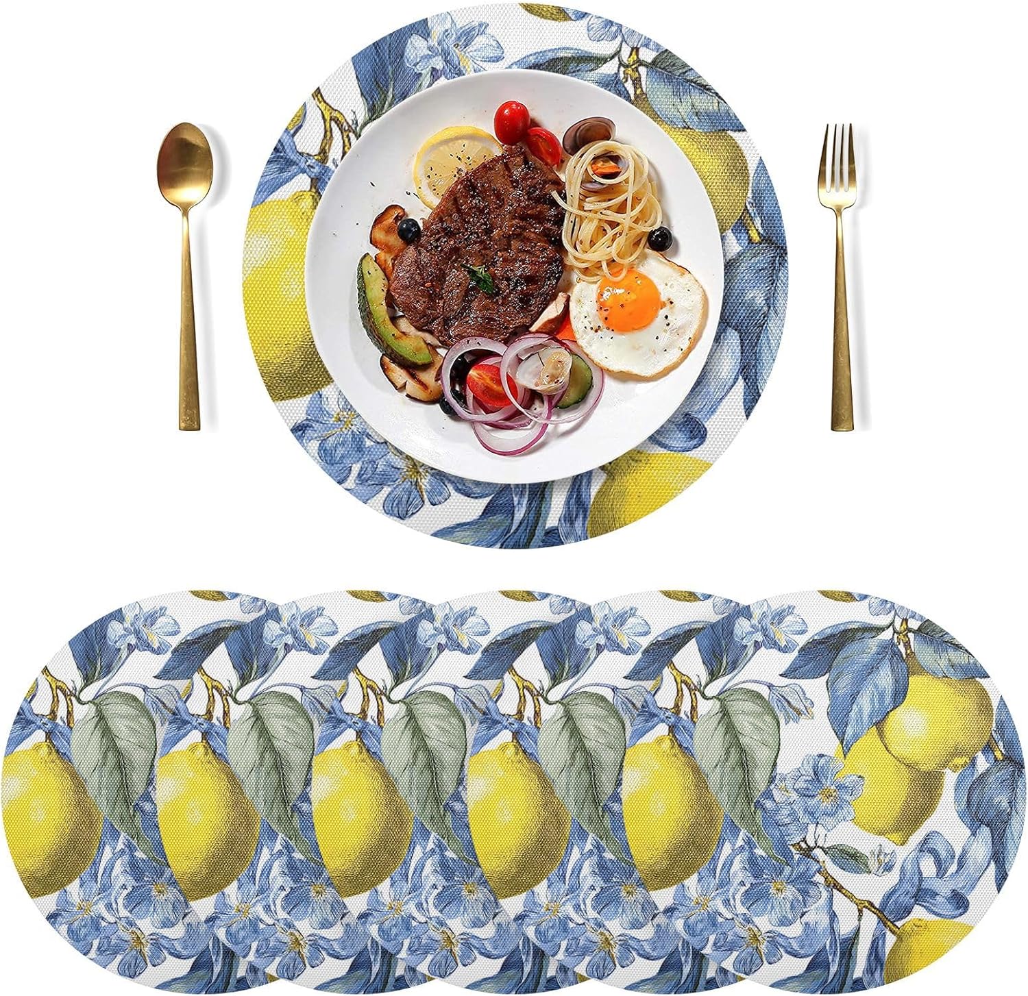 Round Placemats Set of 6, Lemons and Ribbons Yellow Non-Slip Place Mats Washable Table Mats for Kitchen Dining Table Heat Insulation 15.4 Inch