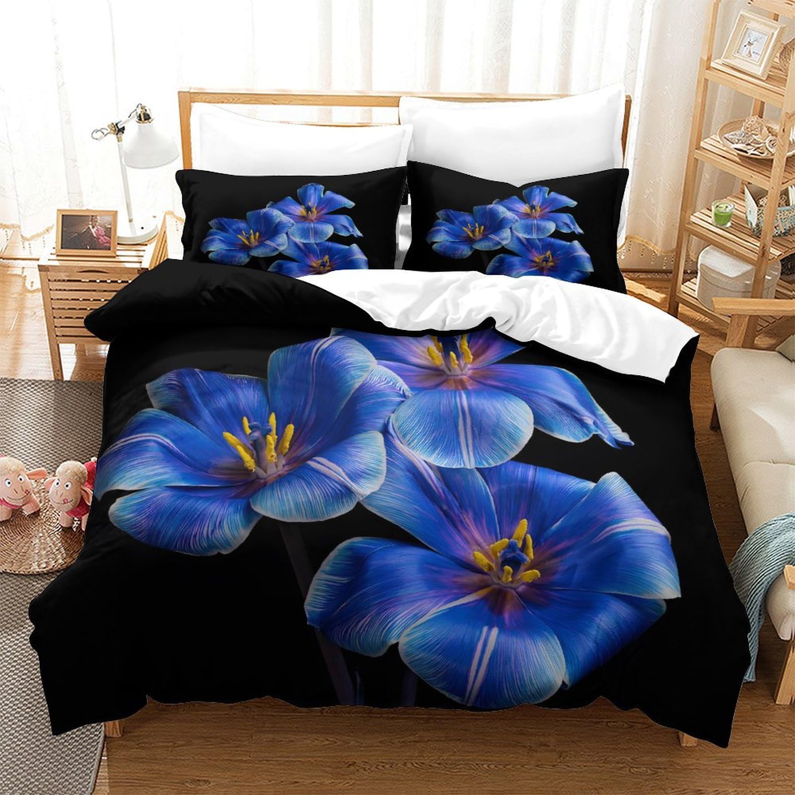 LIAOHENKAN Three Multicolor Tulips Full Size Duvet Cover Set for Teens Adults 3Pcs Ultra Soft Bedding with Zipper Closure Comforter Set Breathable Quilt Set for All Ages Single（140x200cm）