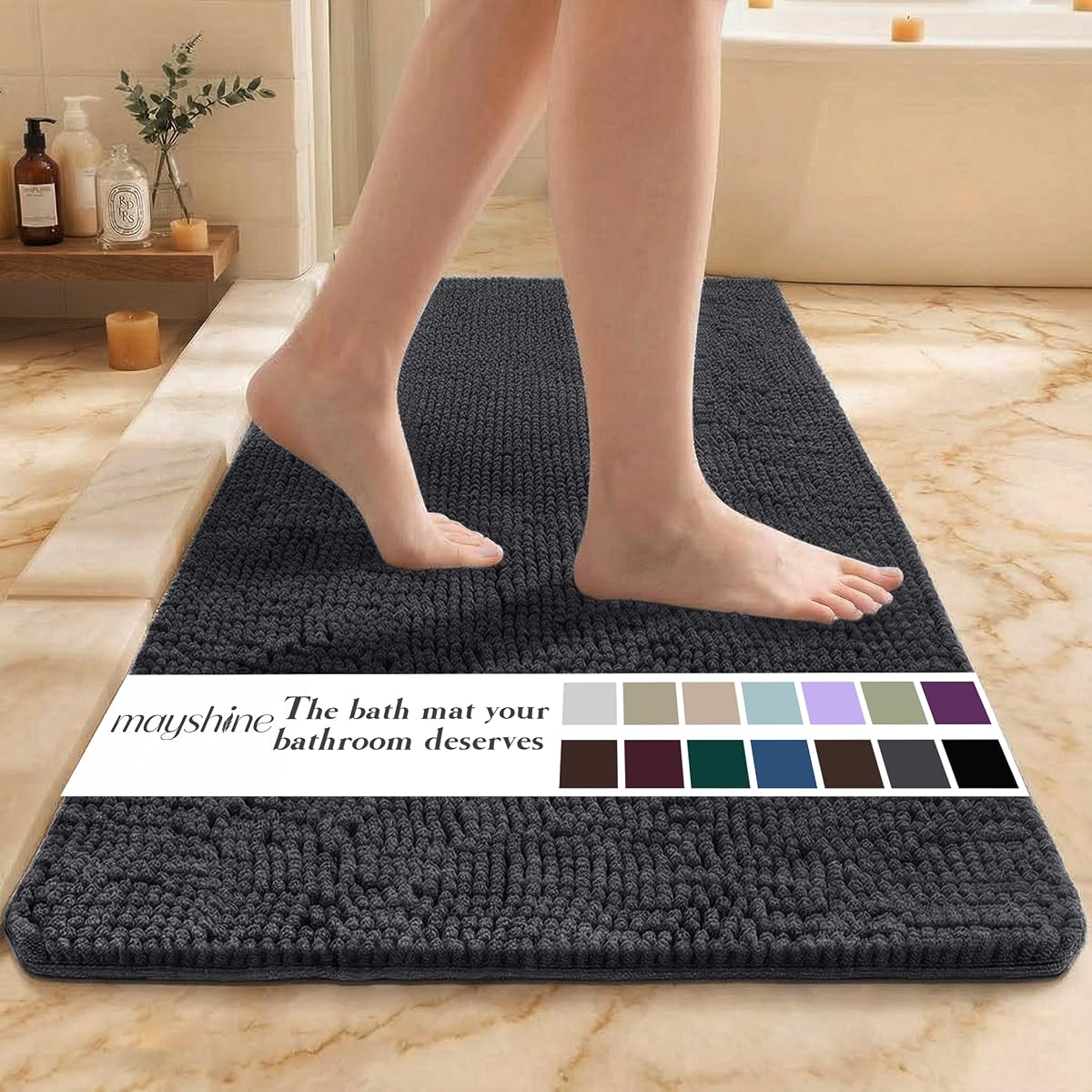 MAYSHINE Alfombra de baño de chenilla peluda de felpa estándar de 32 x 20 pulgadas, alfombra de baño extra suave, súper absorbente y antideslizante | Microfibra esponjosa, juegos de alfombras para suelo de baño, cocina, sala de estar | Gris Carbón