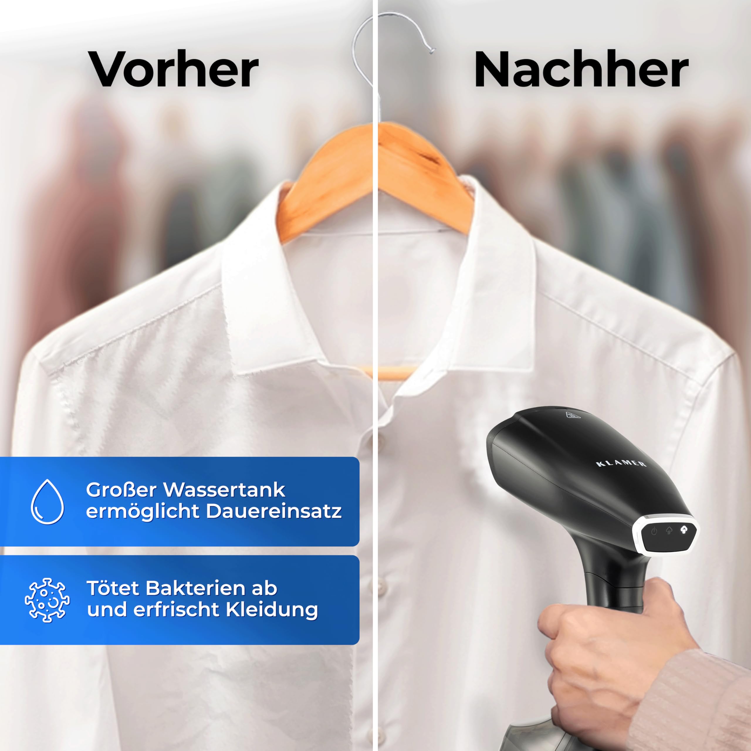 KLAMER Dampfglätter, 280 ml Wassertank, Dampfleistung 25g/min, 1800W, 2 Aufsätze geeignet für alle Stoffe von Seide bis Baumwolle, klappbar für Zuhause, Reisen und Büro