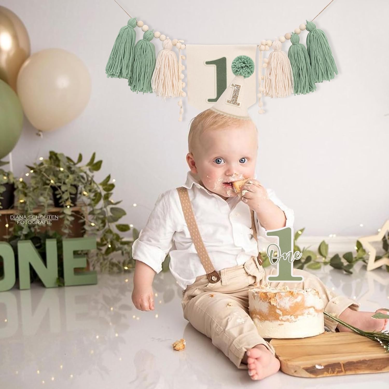 Green 1st Birthday Decoration Set - Wild One Tassel High Chair Banner,Green Forest Theme Cake Topper,Jungle Safari First Birthday Hat,Nature Party Decoration Photo Props