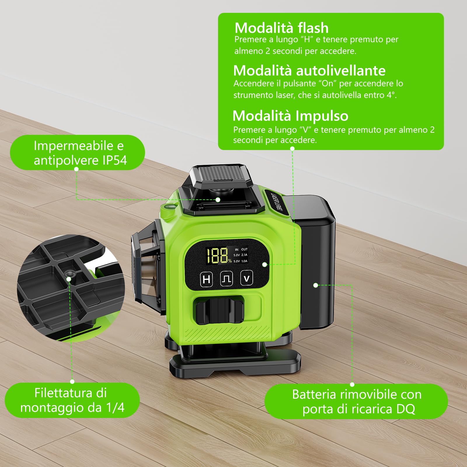 Livella Laser Autolivellante 16 Linee con Treppiede, 4 X 360 °Livello Laser Autolivellante Verde, 2 x Batterie, Autolivellante, Supporto rotante, Telecomando