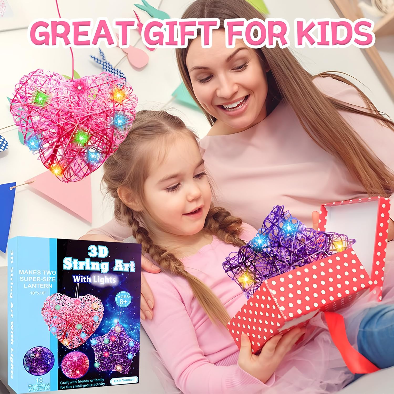 ROHSCE Light Up 3D String Art Kit for Kids, DIY String Art Heart Lantern Kit, Multi-Colored LED Bulbs Arts and Crafts for Girls Ages 8-12, Christmas Brithday Gift for 8, 9, 10, 11, 12 Year Old Girl
