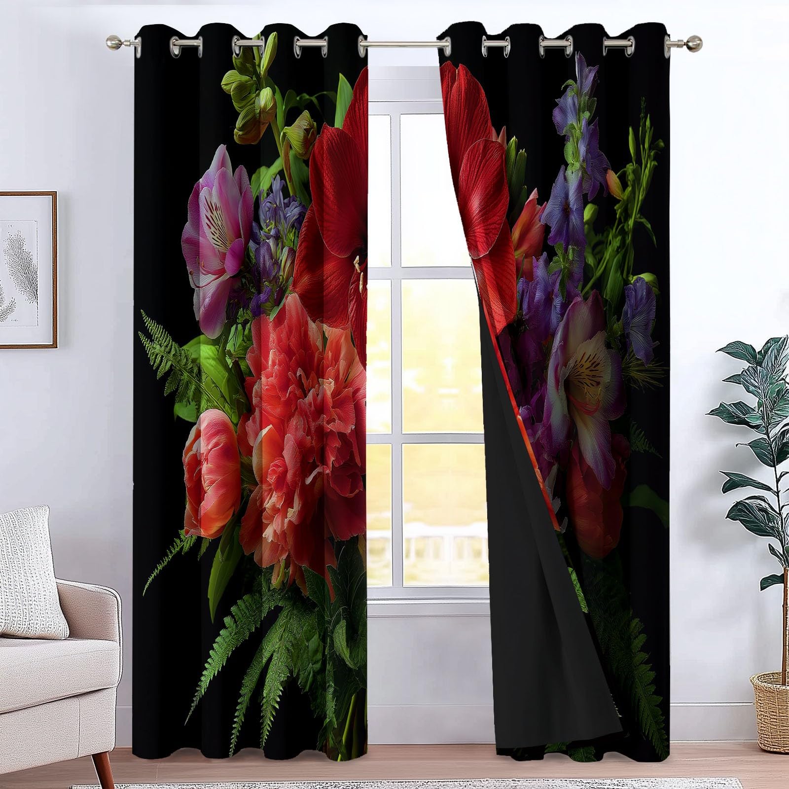 Zasłona zaciemniająca Zasłony z oczkami, izolacja termiczna akustyczna, 220 x 215 cm (dł. x wys.) filtr światła i ochrona prywatności, kwiaty piwonie rośliny fotografia, sypialnia okno