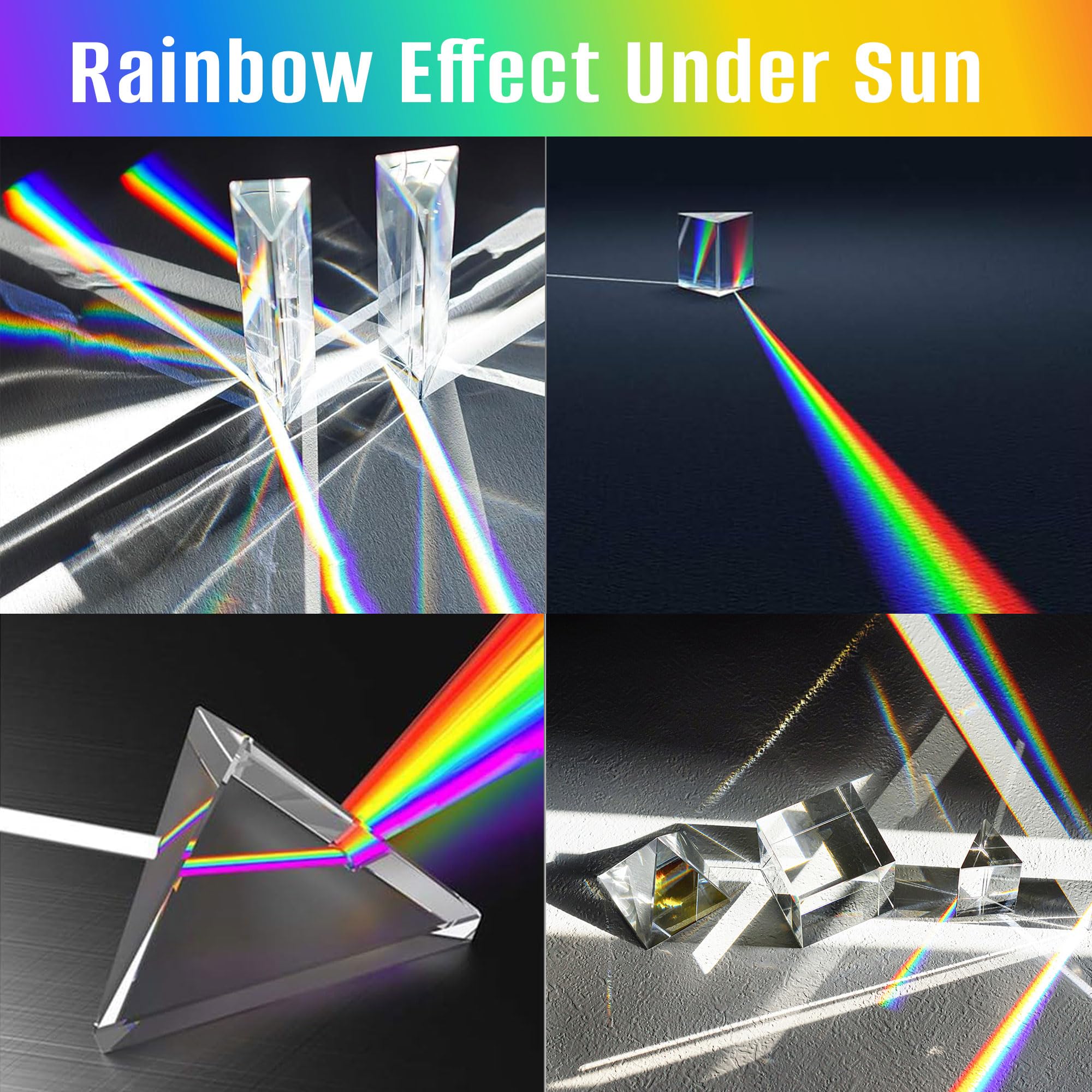 Lot de 6 prismes de photographie en cristal optique K9, comprenant une boule de cristal de 50 mm, un cube, une pyramide optique, un prisme triangulaire de 50 mm et 150 mm, une loupe dôme de 60 mm avec