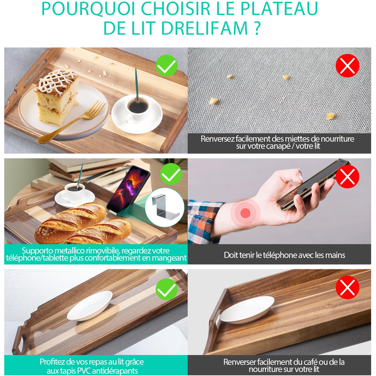 DRELIFAM Plateau Repas lit avec Coussin de Service Bois Petit Dejeuner