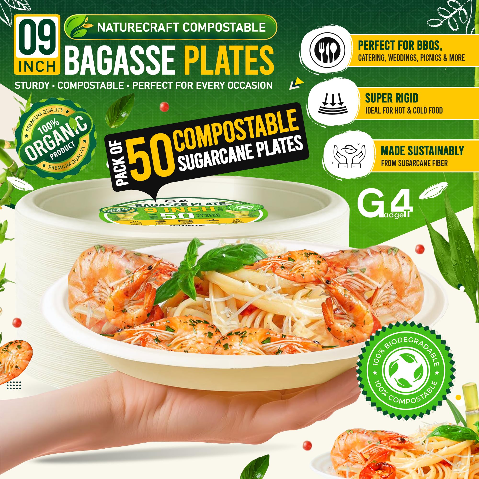 G4GADGET 9 Inch Heavy Duty Bagasse Paper Plates - Pack of 50, White - Image 2