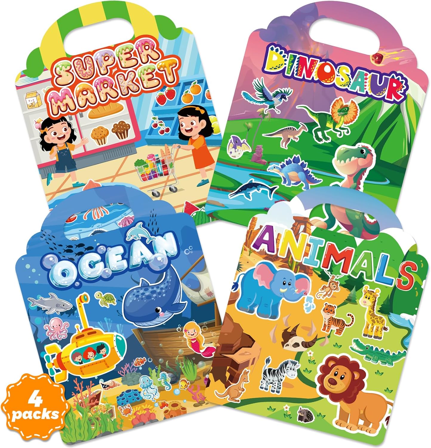4 Sets Reusable Sticker Book for Toddlers 2-4 Years,Jelly Sticker Books for Toddlers 1-3,Toddler Travel Toys Activity Book for Kids 3 4 5 6 Years Old Girls Boys Gifts